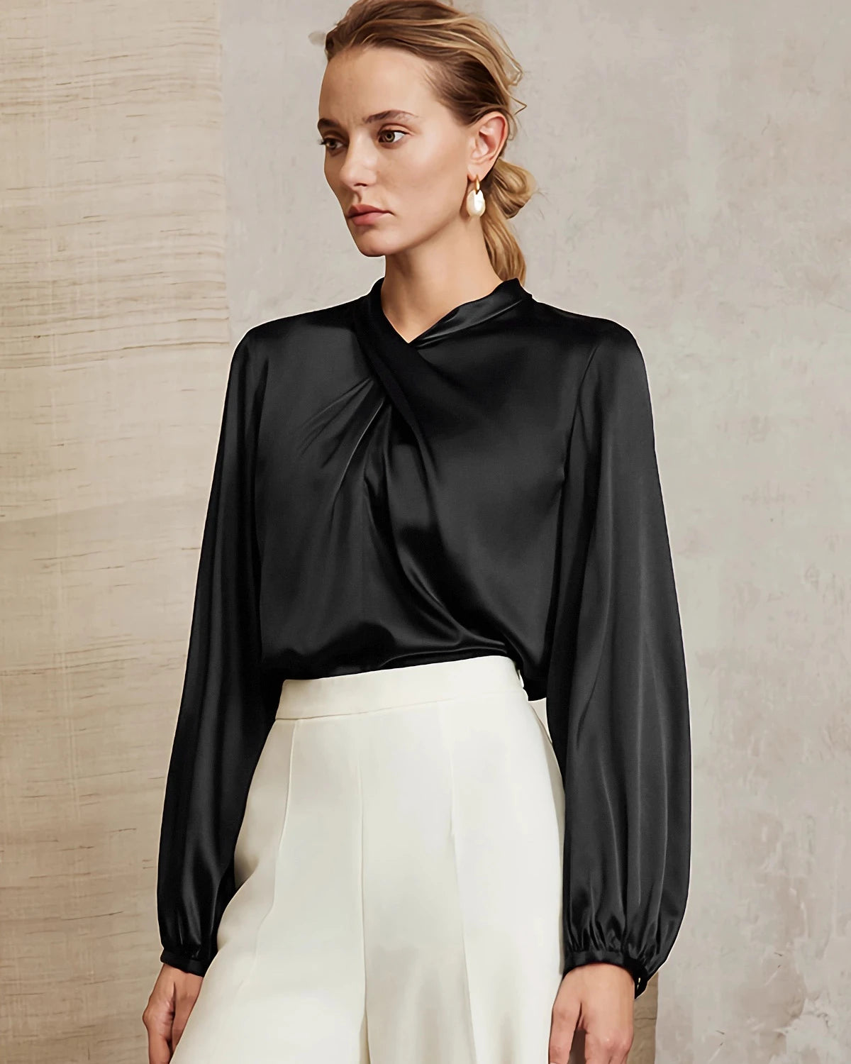 Silk Blouse with Ruched Neck and Tie Back - DAISYSILK