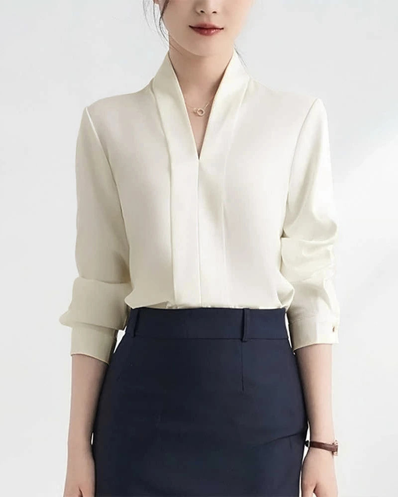 Women V Neck Long Sleeve Silk Blouse - DAISYSILK