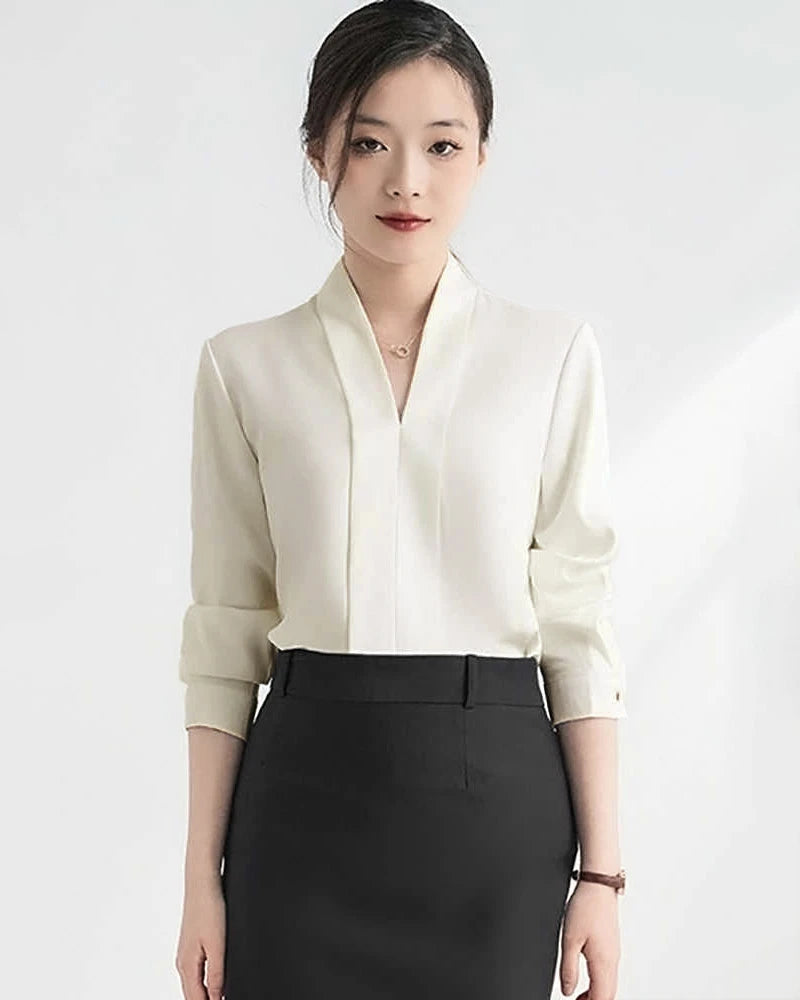 Women V Neck Long Sleeve Silk Blouse - DAISYSILK