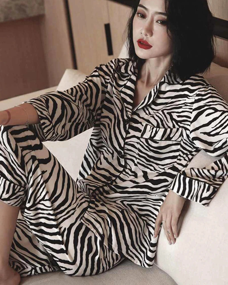 Zebra Print Silk Pajama Set, Black and White