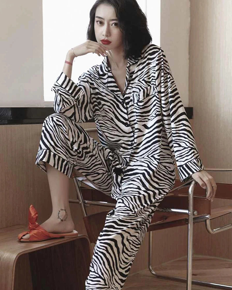 Zebra Print Silk Pajama Set, Black and White