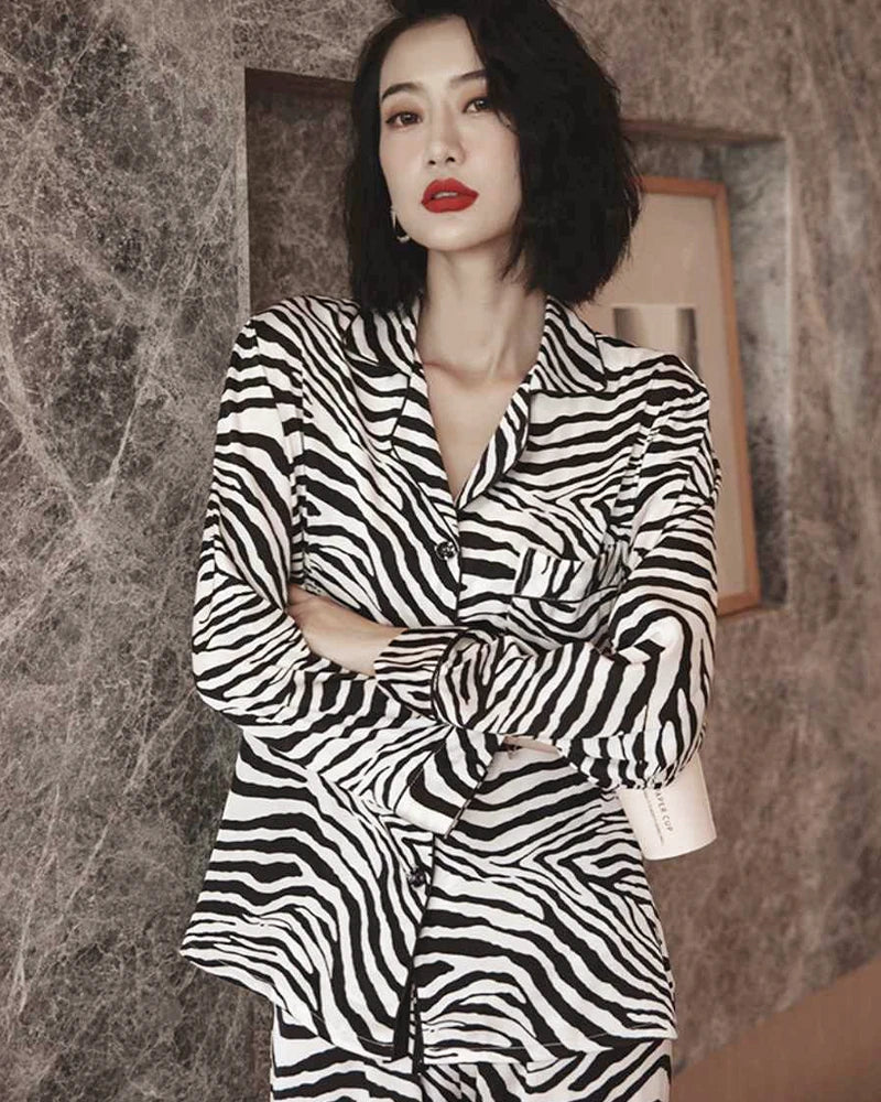 Zebra Print Silk Pajama Set, Black and White