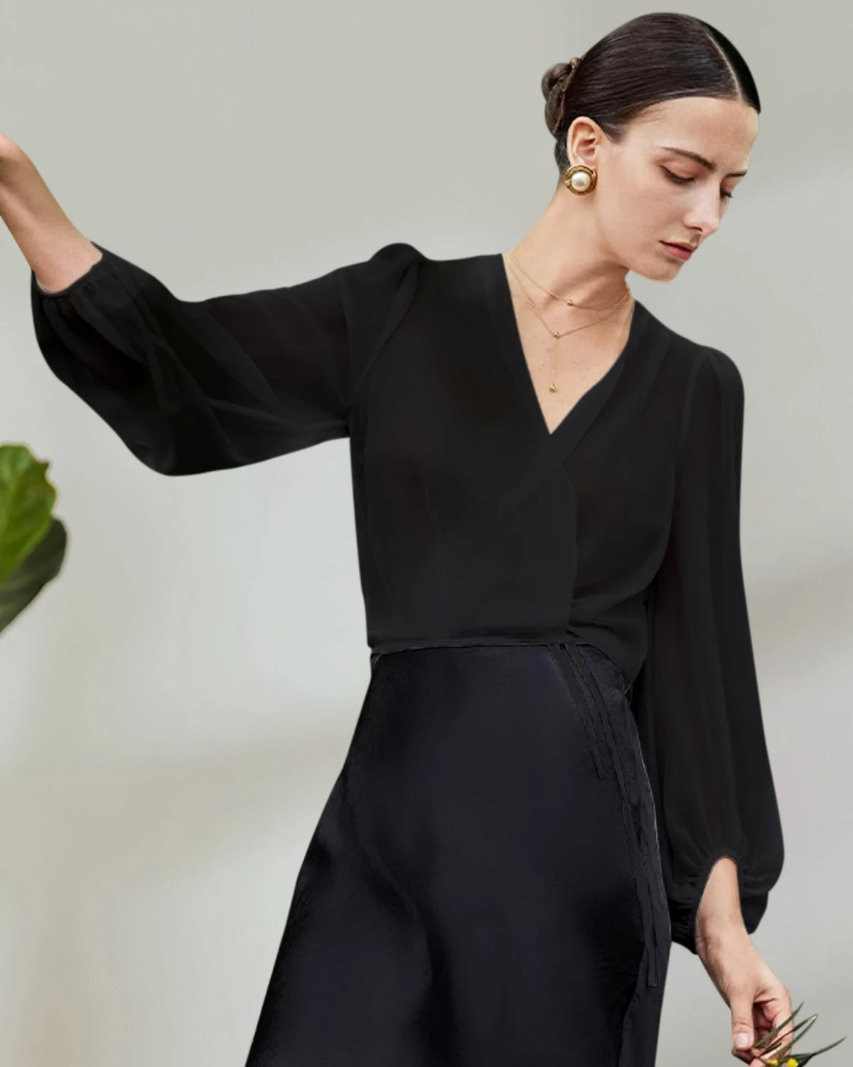 Surplice Neck Wrap Silk Blouse, Black