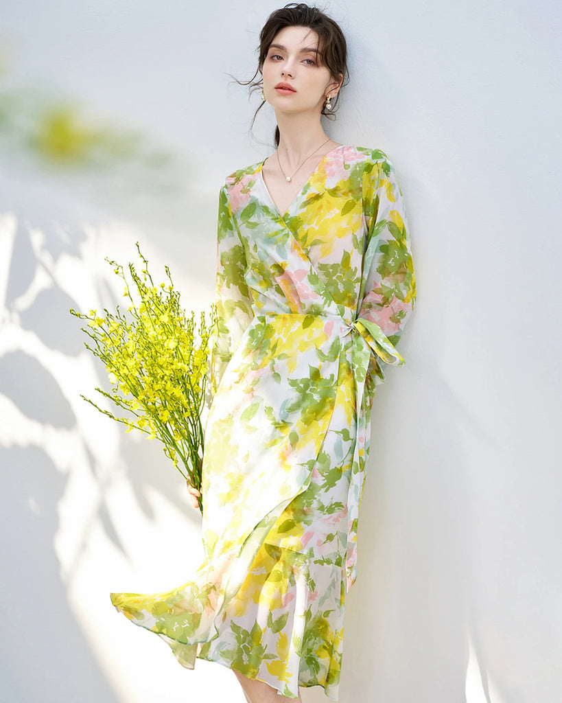 Daisysilk Floral Silk Wrap Dress | Long Sleeve Floral Print Dress ...