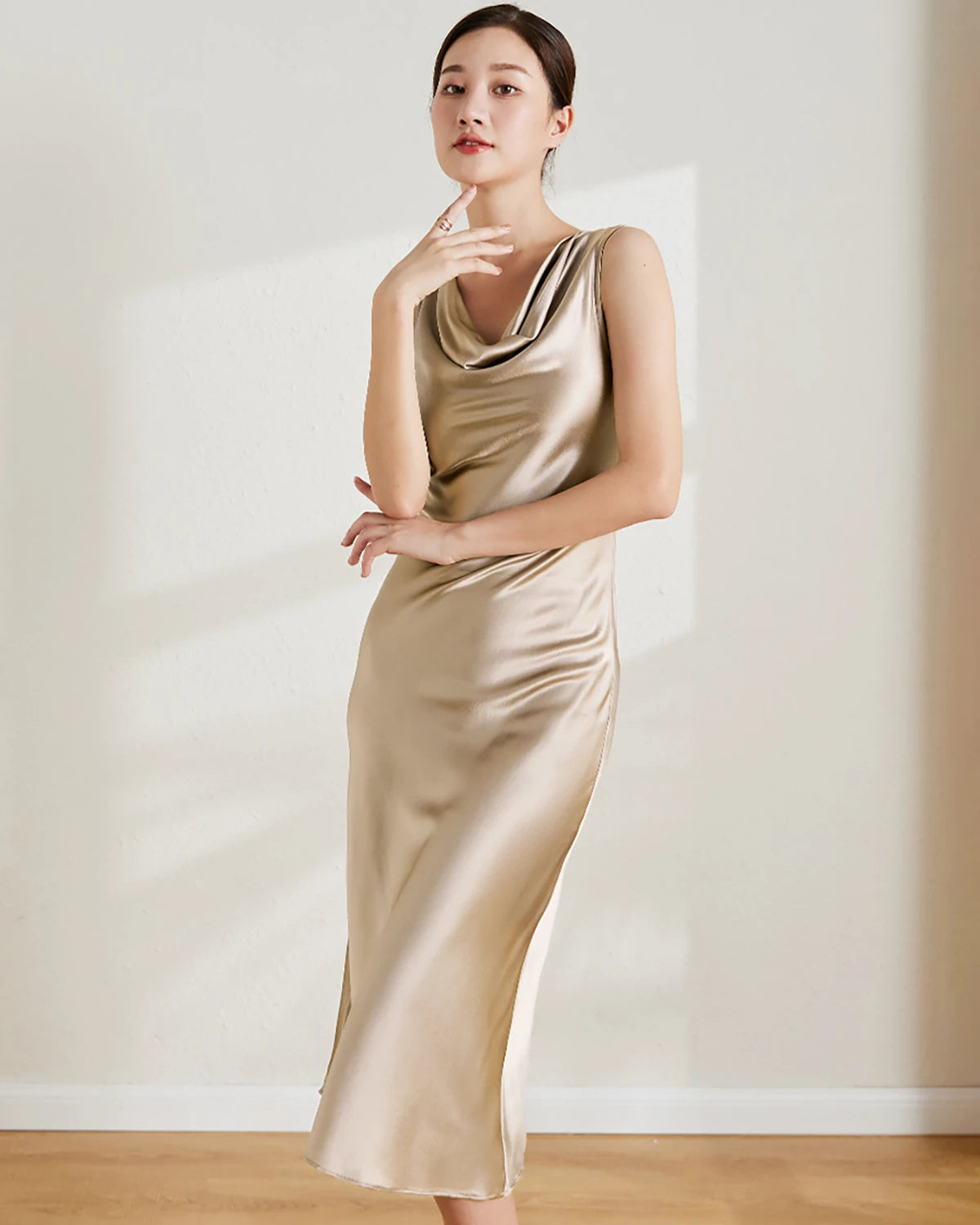 Vintage Silk Sleeveless Midi Dress, Champagne