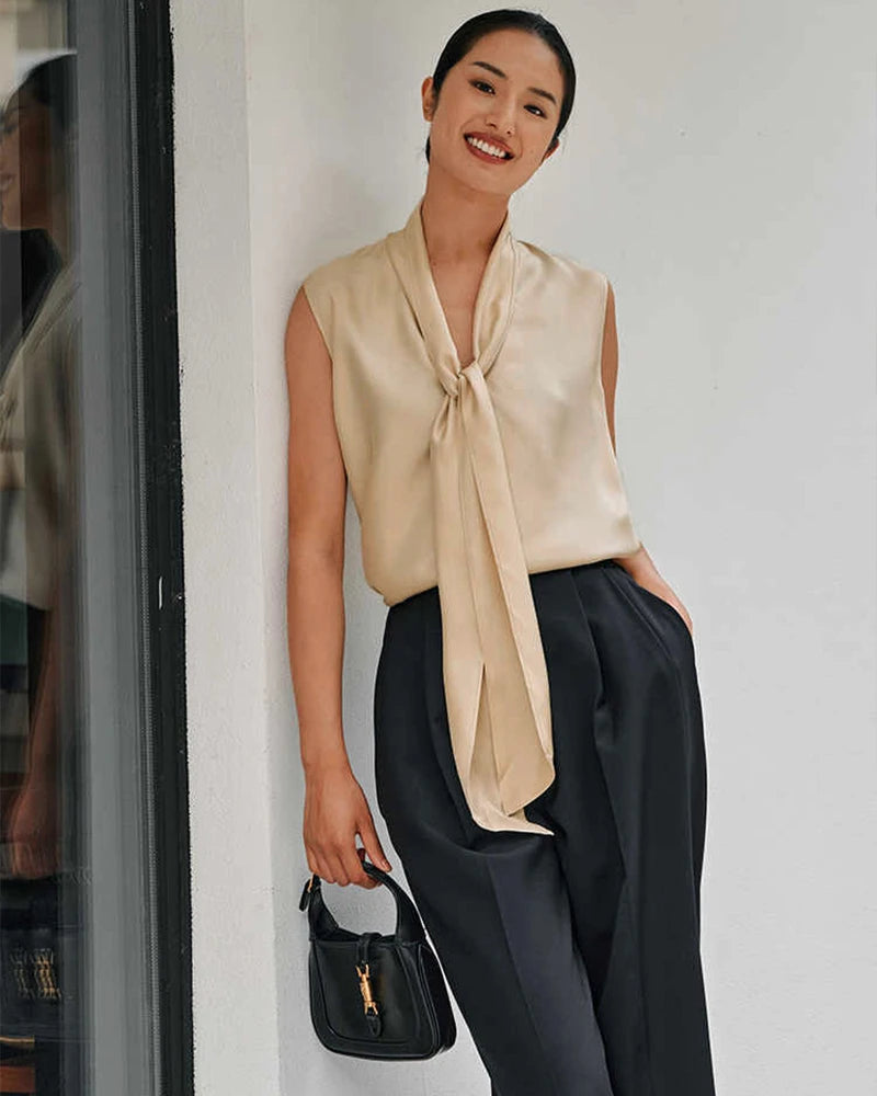 Tie Neck Sleeveless Silk Blouse, Champagne
