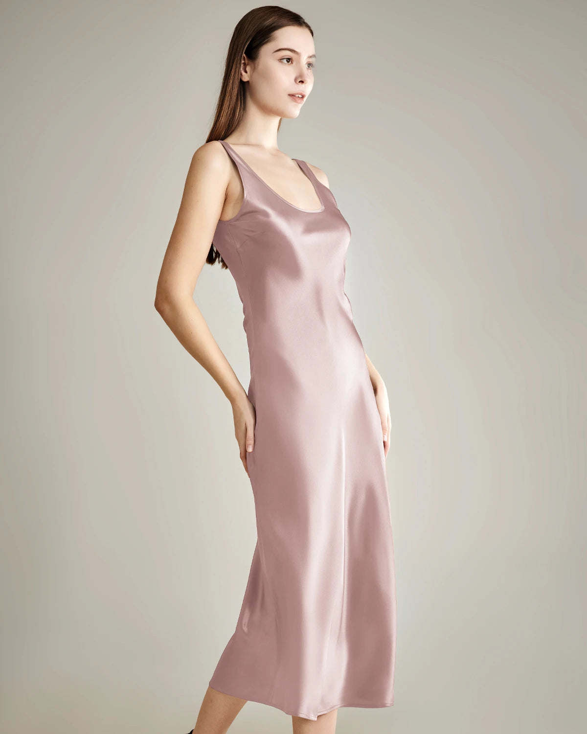 Scoop Neck Midi Silk Slip Dress, Pink