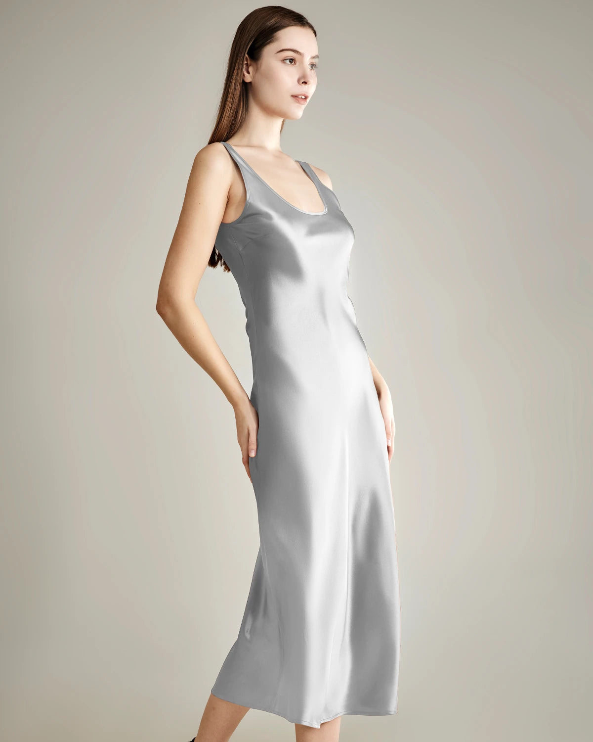 Scoop Neck Midi Silk Slip Dress, Grey
