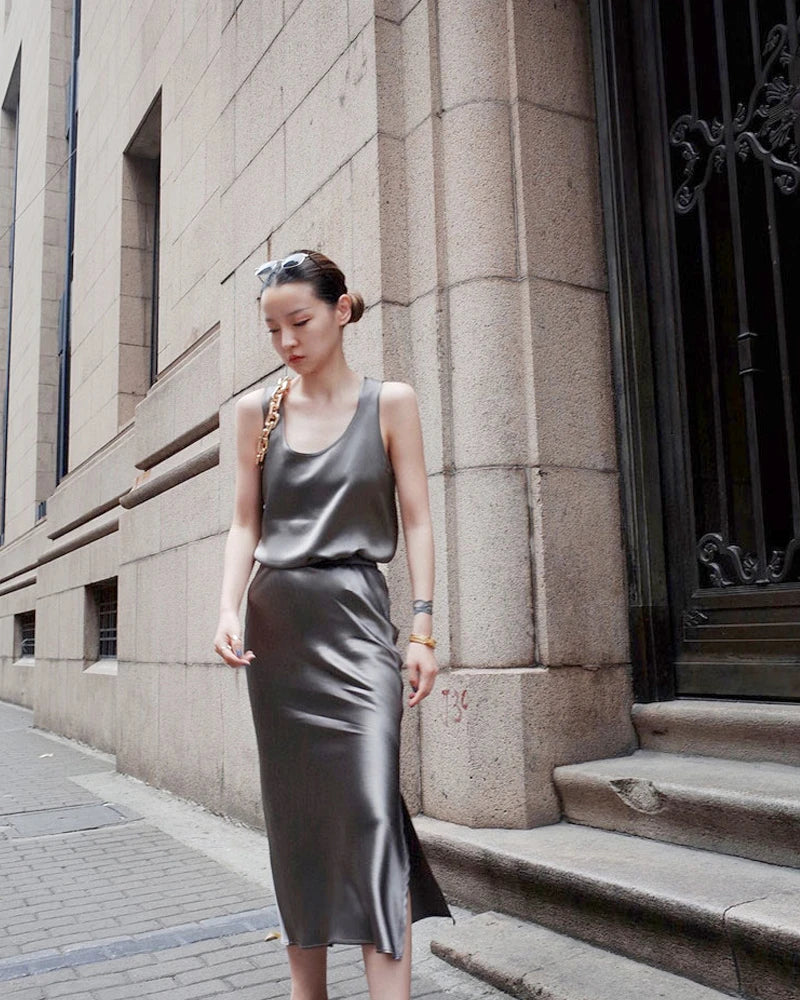 Women's Silk Two Piece, Dark Grey