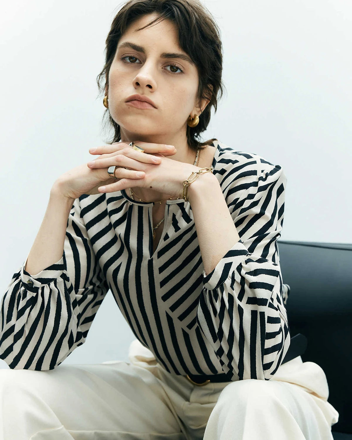 Geometric Stripe Silk Blouse, Black and White