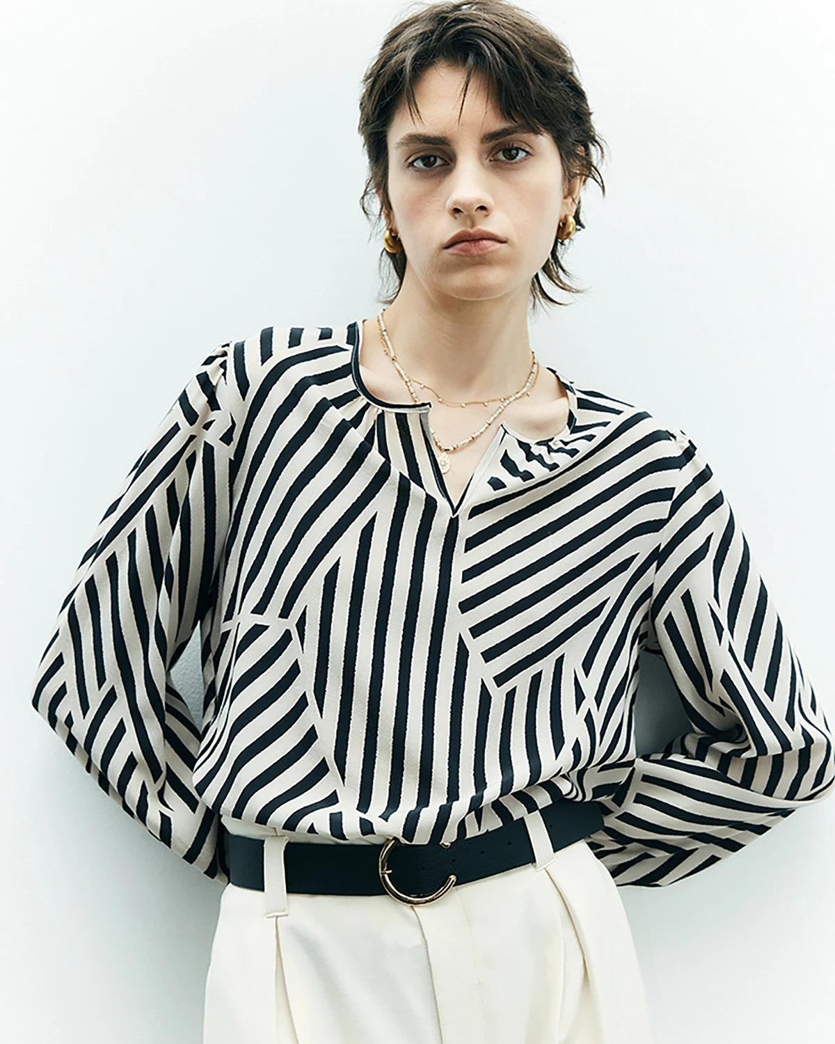 Geometric Stripe Silk Blouse, Black and White