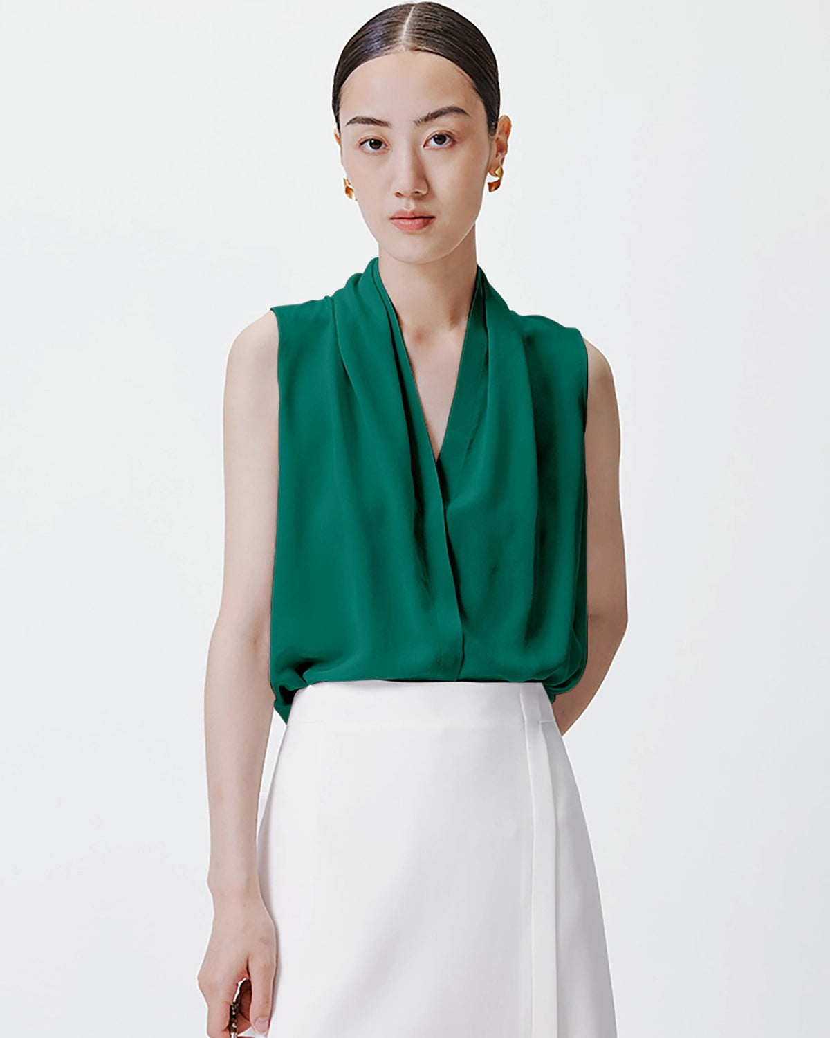 V-neck Pleated Silk Tank Top, Green