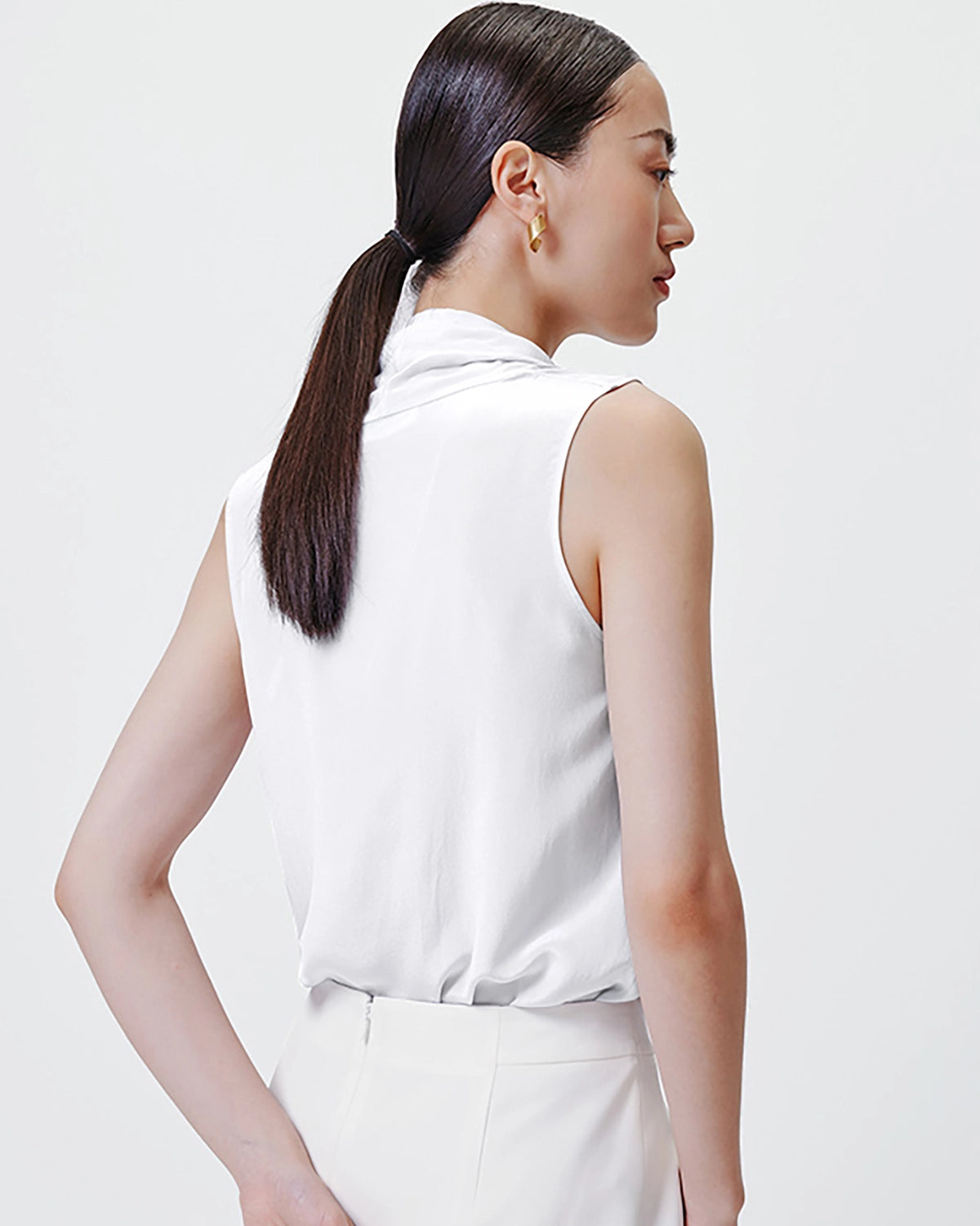 V-neck Pleated Silk Tank Top, White