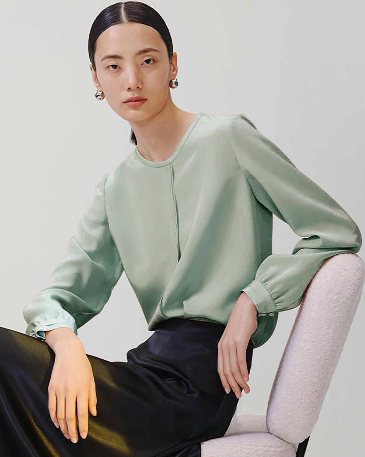 Round Neck Pleated Silk Blouse, Green