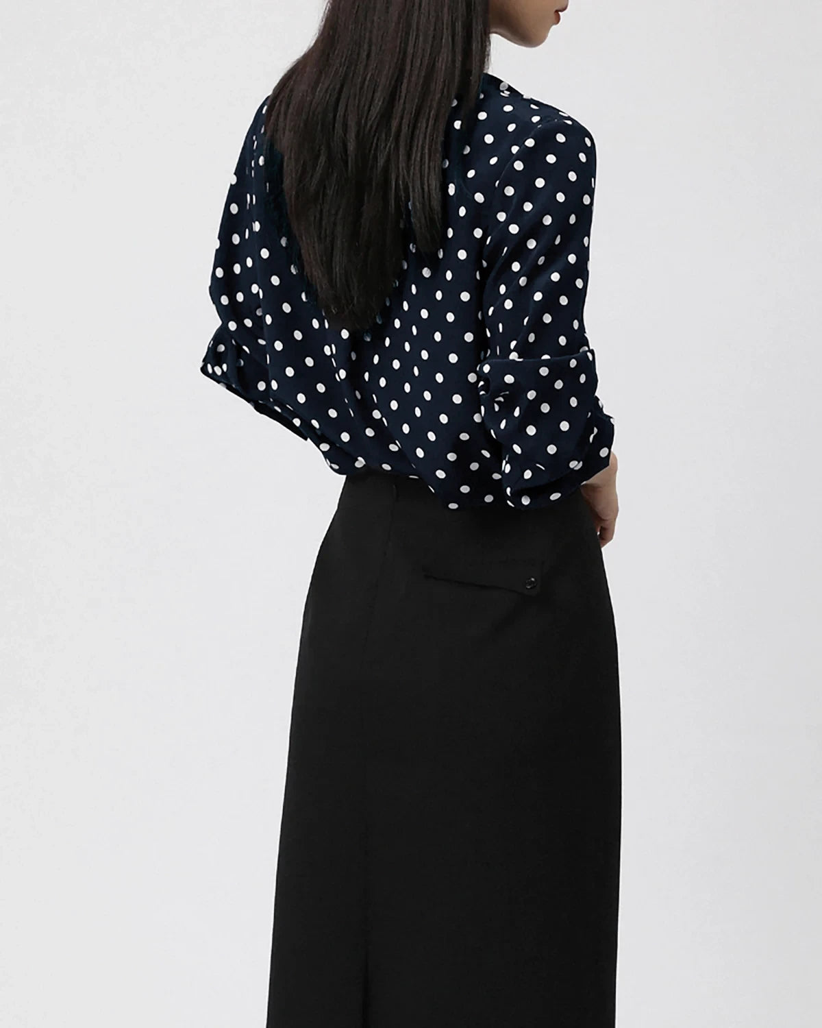 Polka Dot Bow Silk Shirt, Navy and White