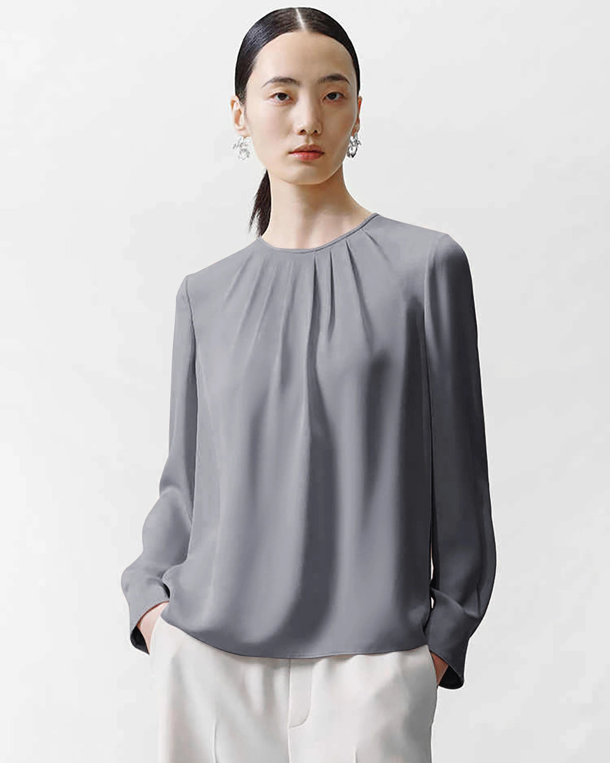 Crew Neck Pleated Silk Blouse, Grey