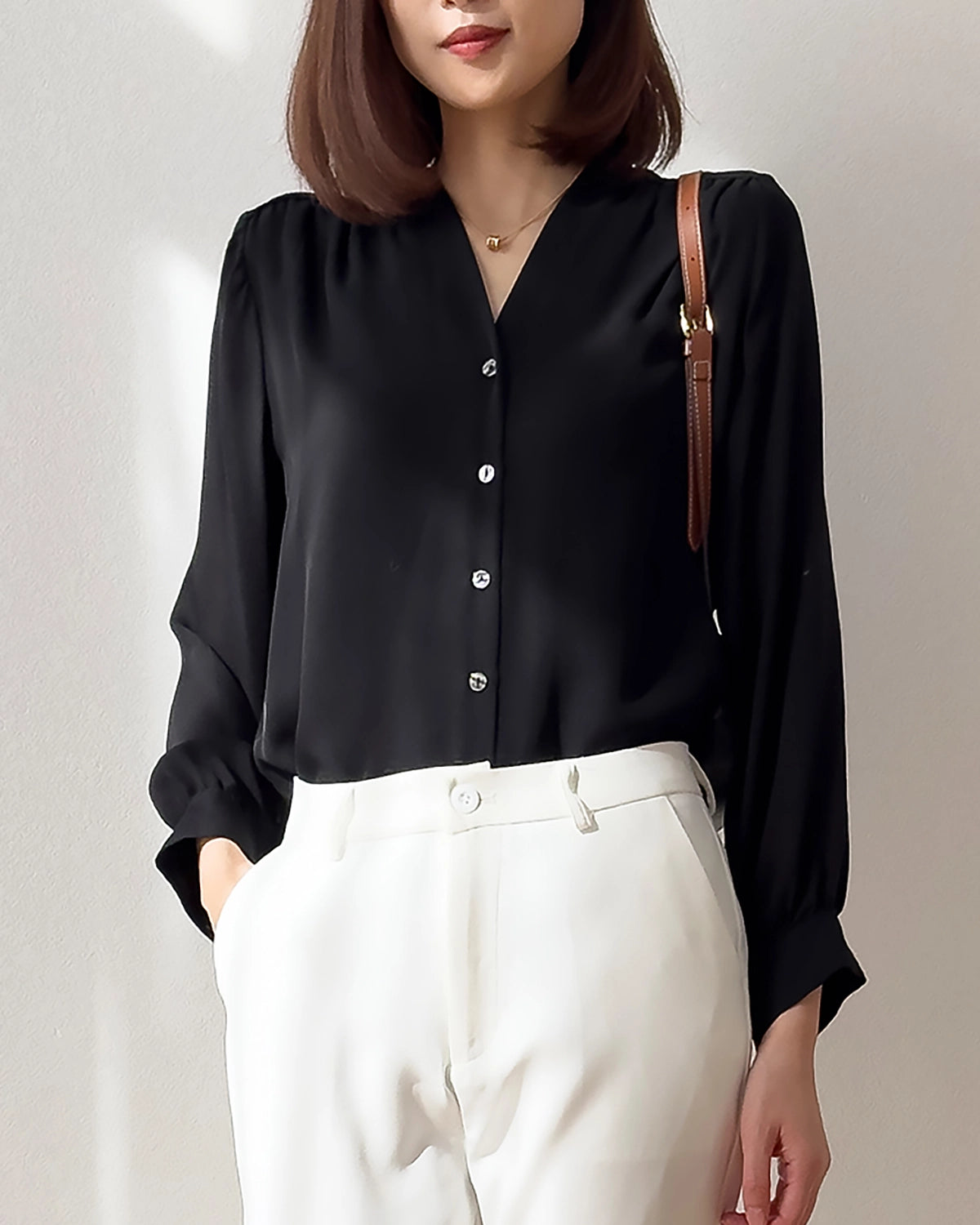 V Neck Pleated Shoulder Silk Blouse, Black