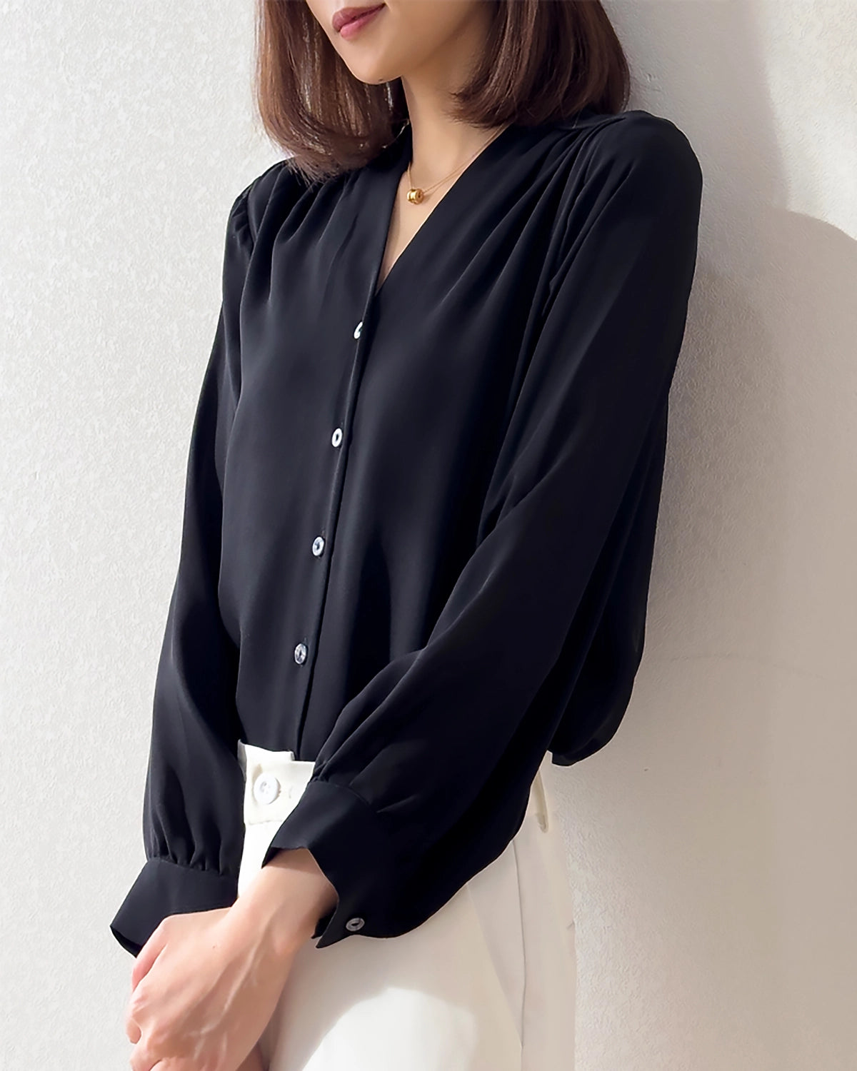 V Neck Pleated Shoulder Silk Blouse, Black