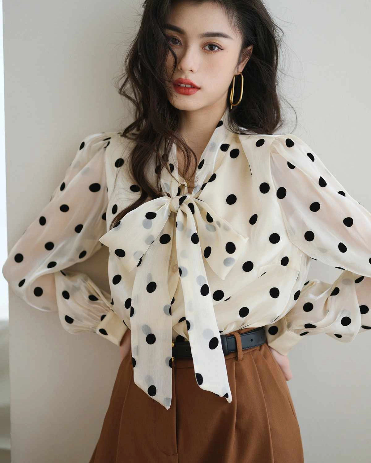 Polka Dot Tie Neck Silk Blouse, White And Black