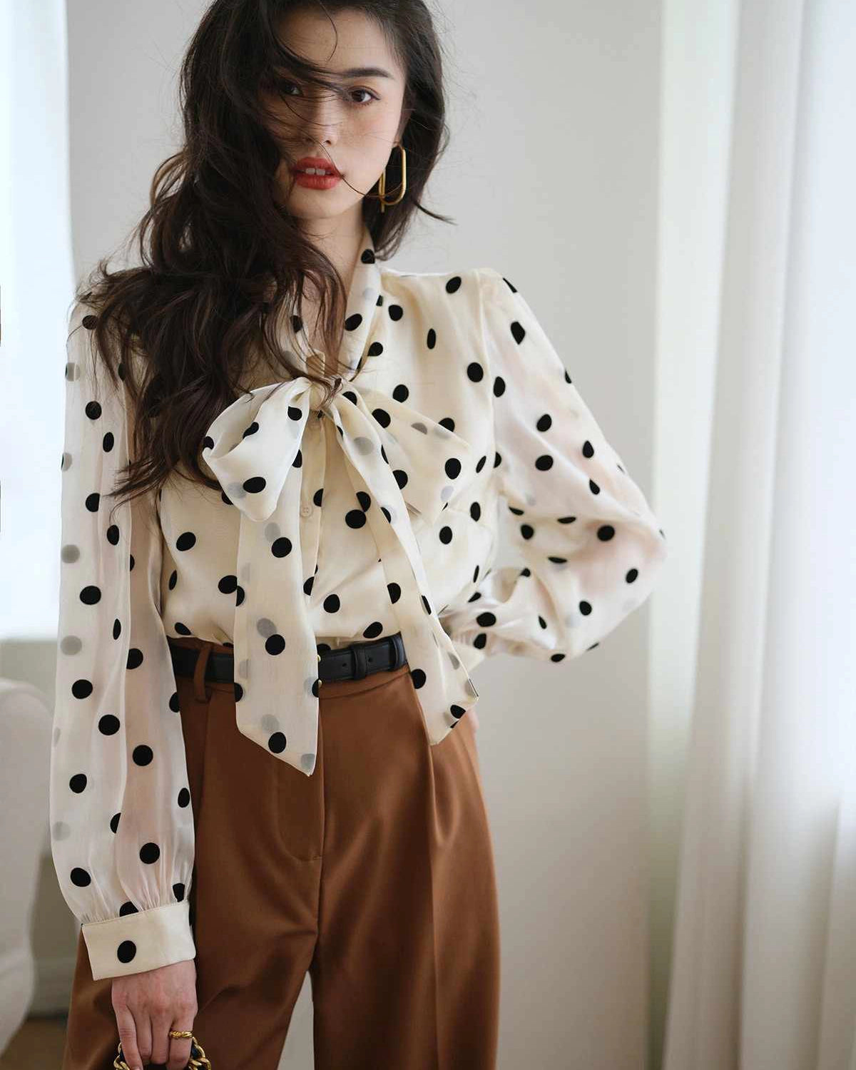 Polka Dot Tie Neck Silk Blouse, White And Black