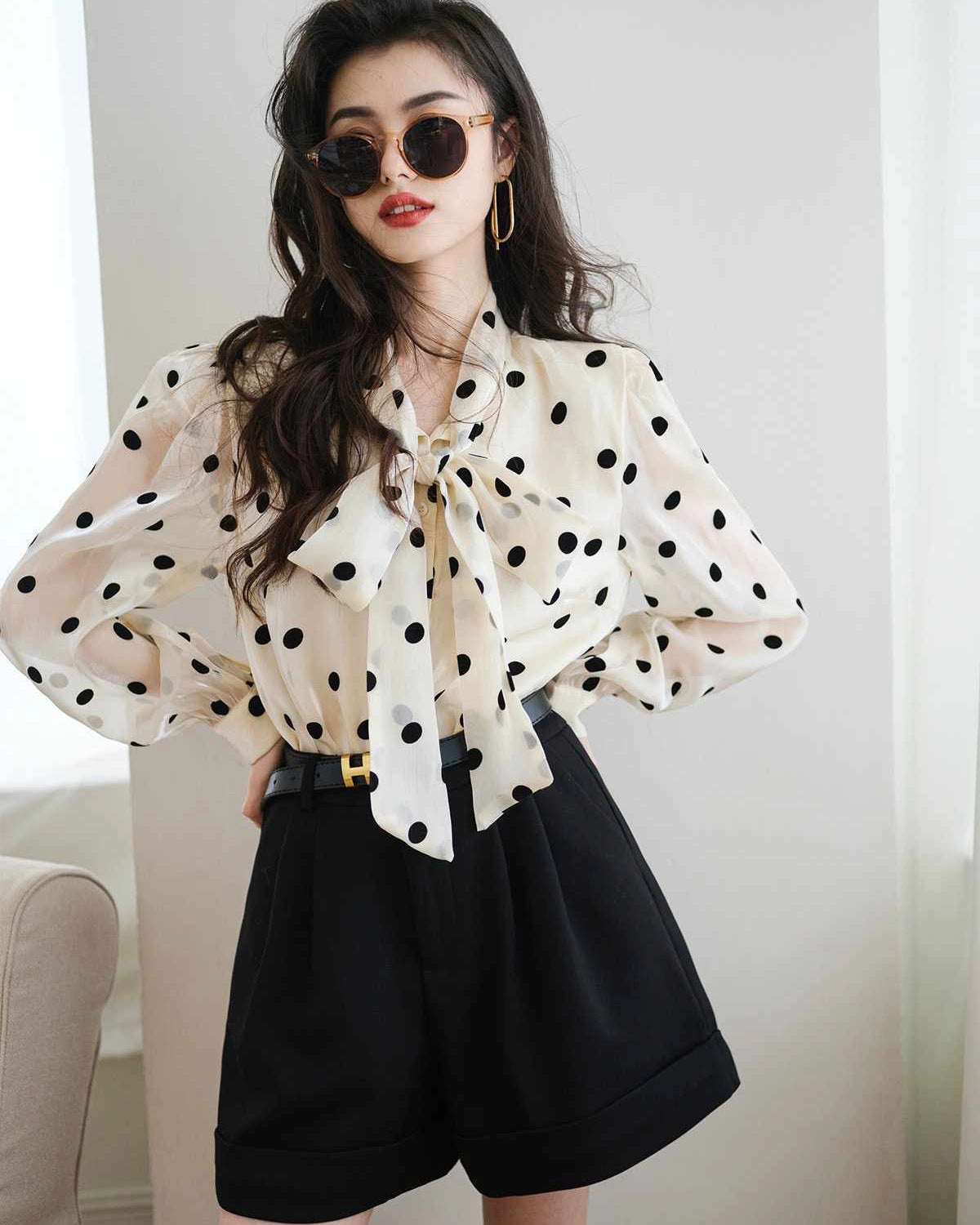 Polka Dot Tie Neck Silk Blouse, White And Black