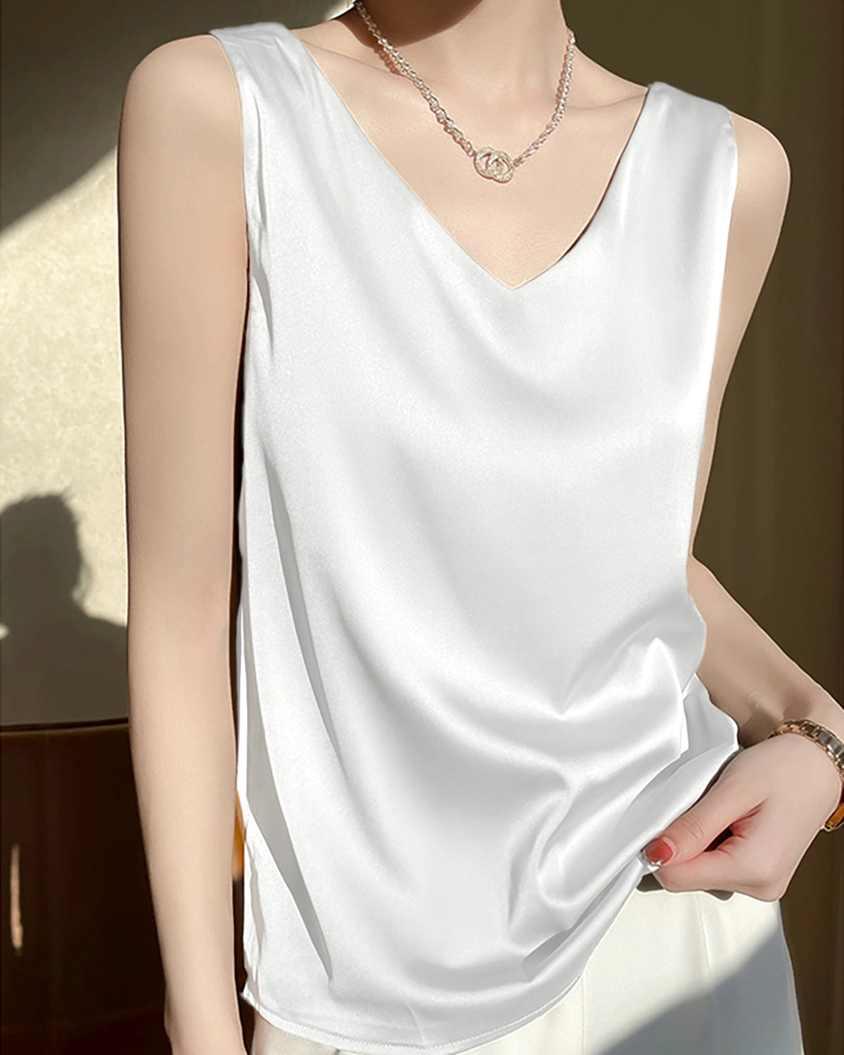 Women's V Neck Sleeveless Silk Top, White
