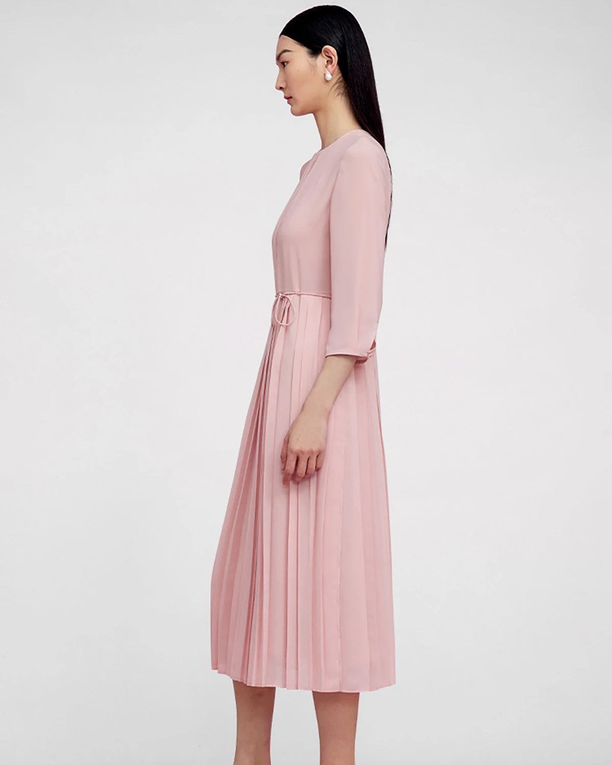 Pleated 3/4 Sleeve Silk Dress, Rose Pink