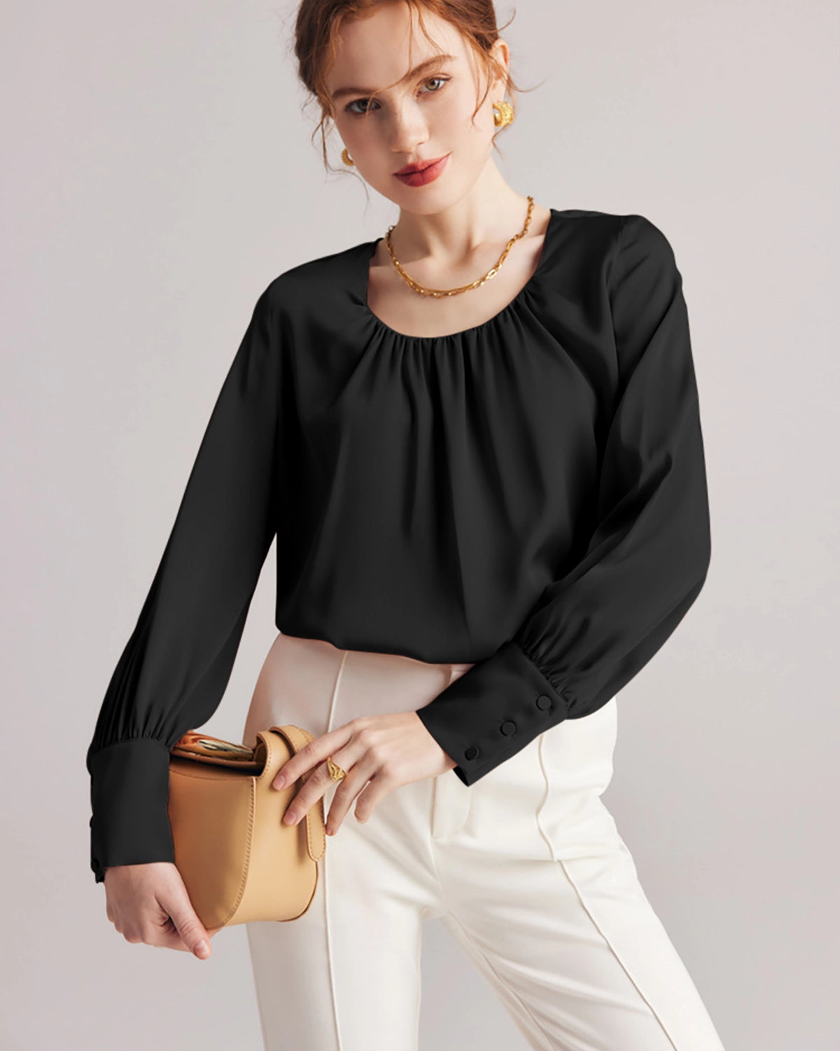 Pleated Round Neck Silk Blouse, Black