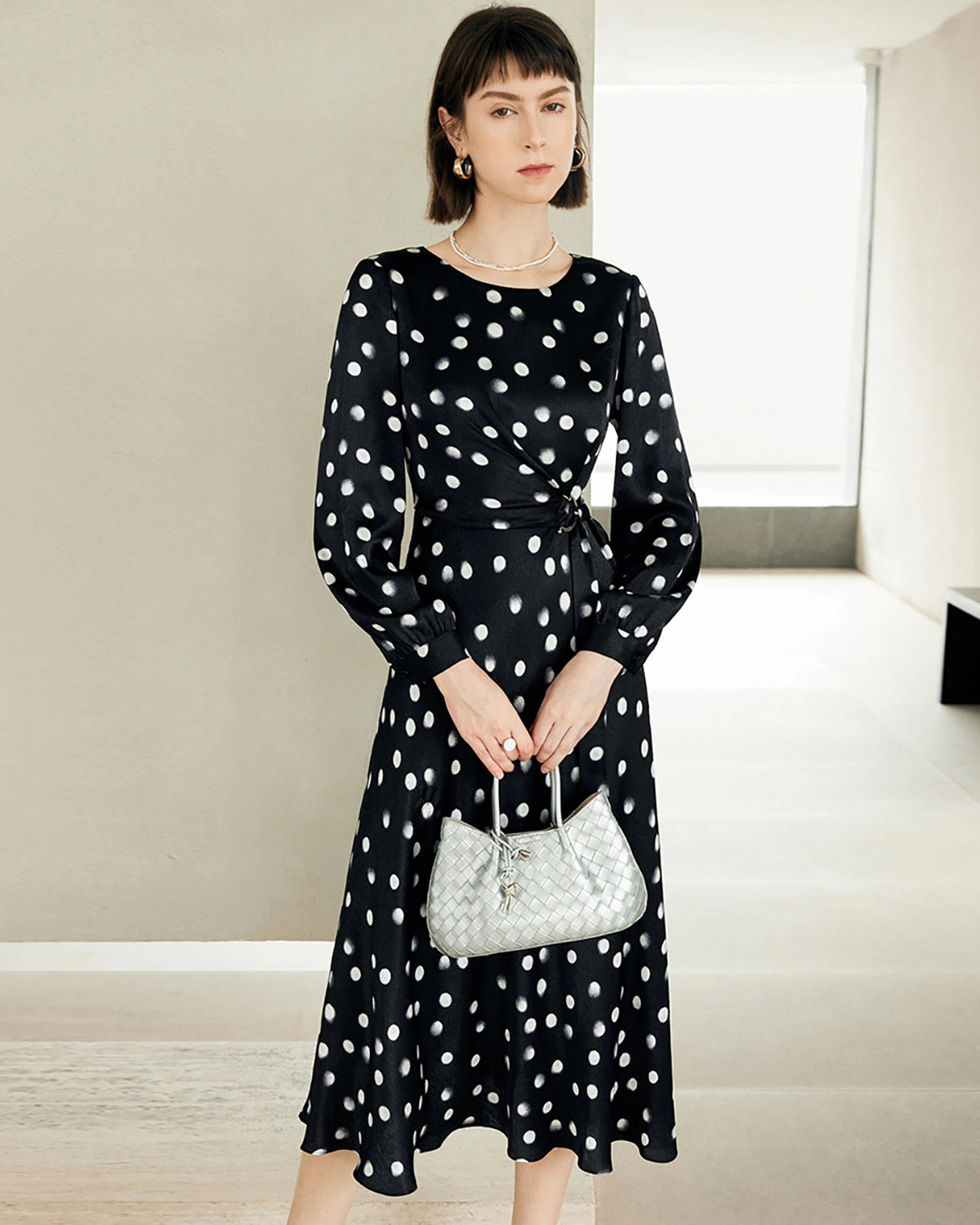 Polka Dot Belted Silk Dress, Black And White