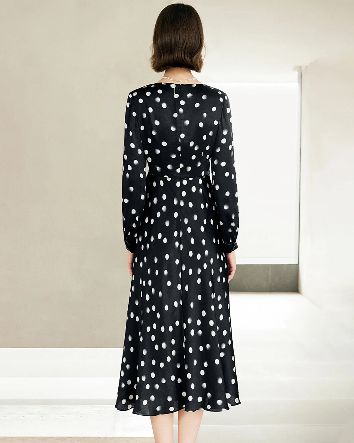 Polka Dot Belted Silk Dress, Black And White