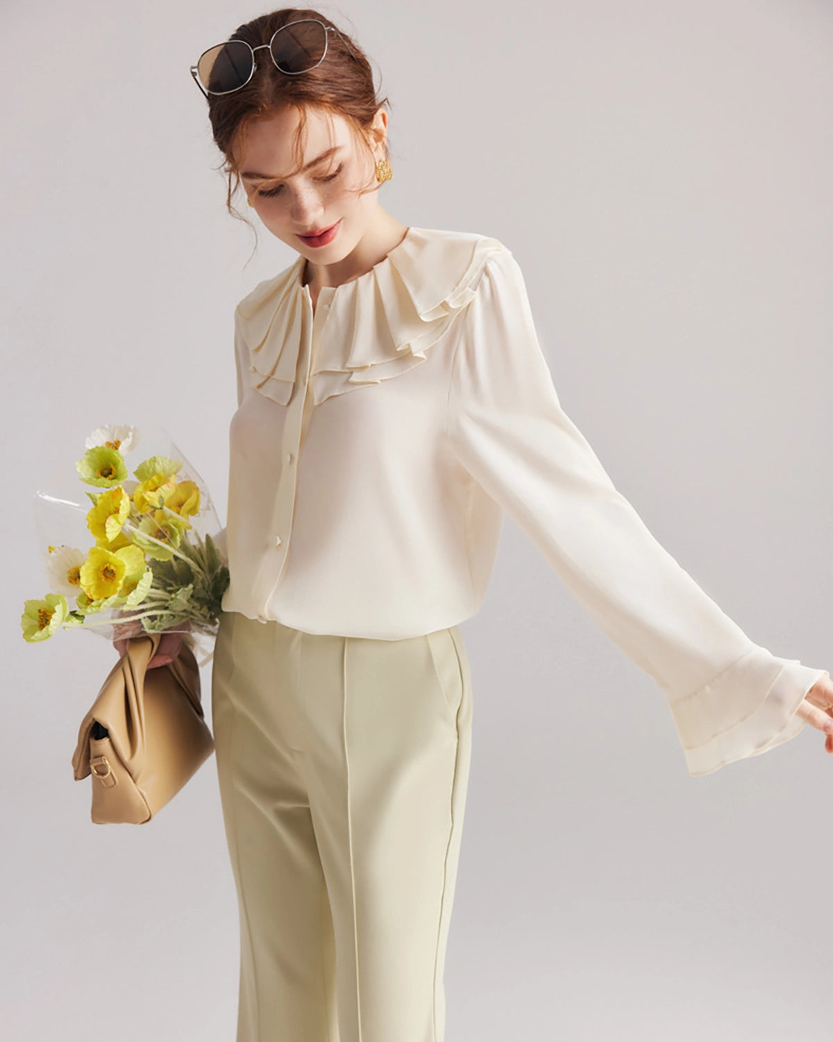 Ruffle Neck Flare Silk Blouse, Cream