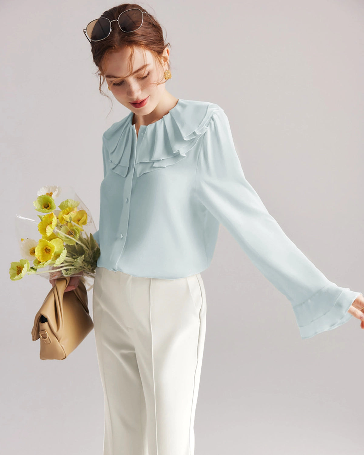 Ruffle Neck Flare Silk Blouse, Light Blue