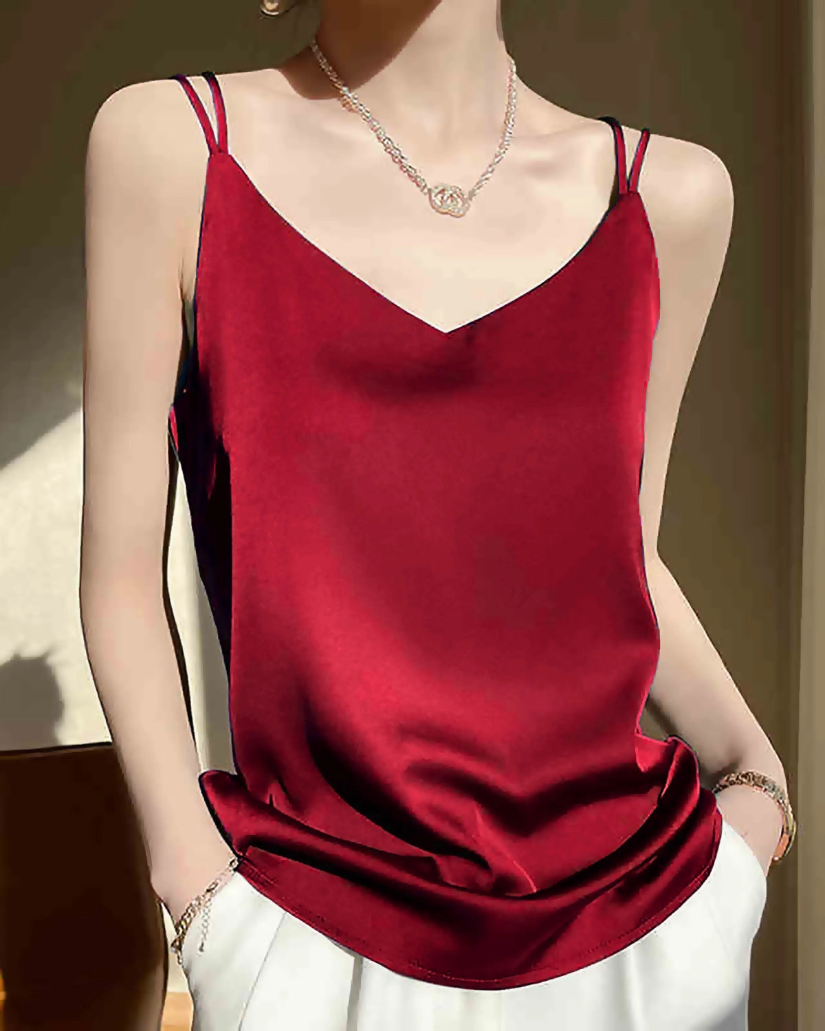 Spaghetti Strap Cross Back Silk Camisole, Red