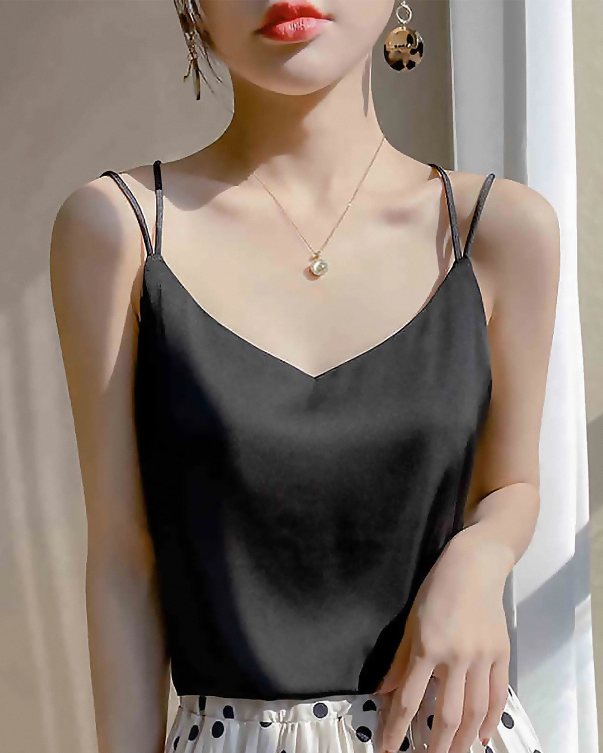 Spaghetti Strap Cross Back Silk Camisole, Black