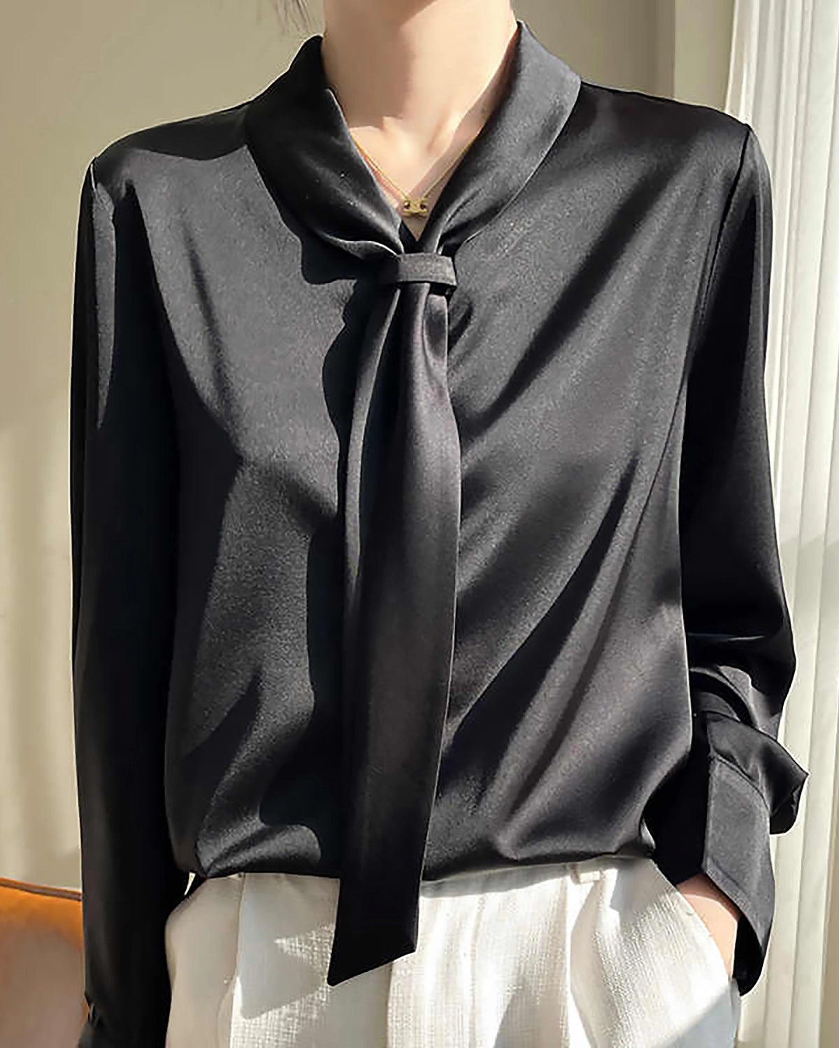 V-neck Tie Front Silk Blouse, Black