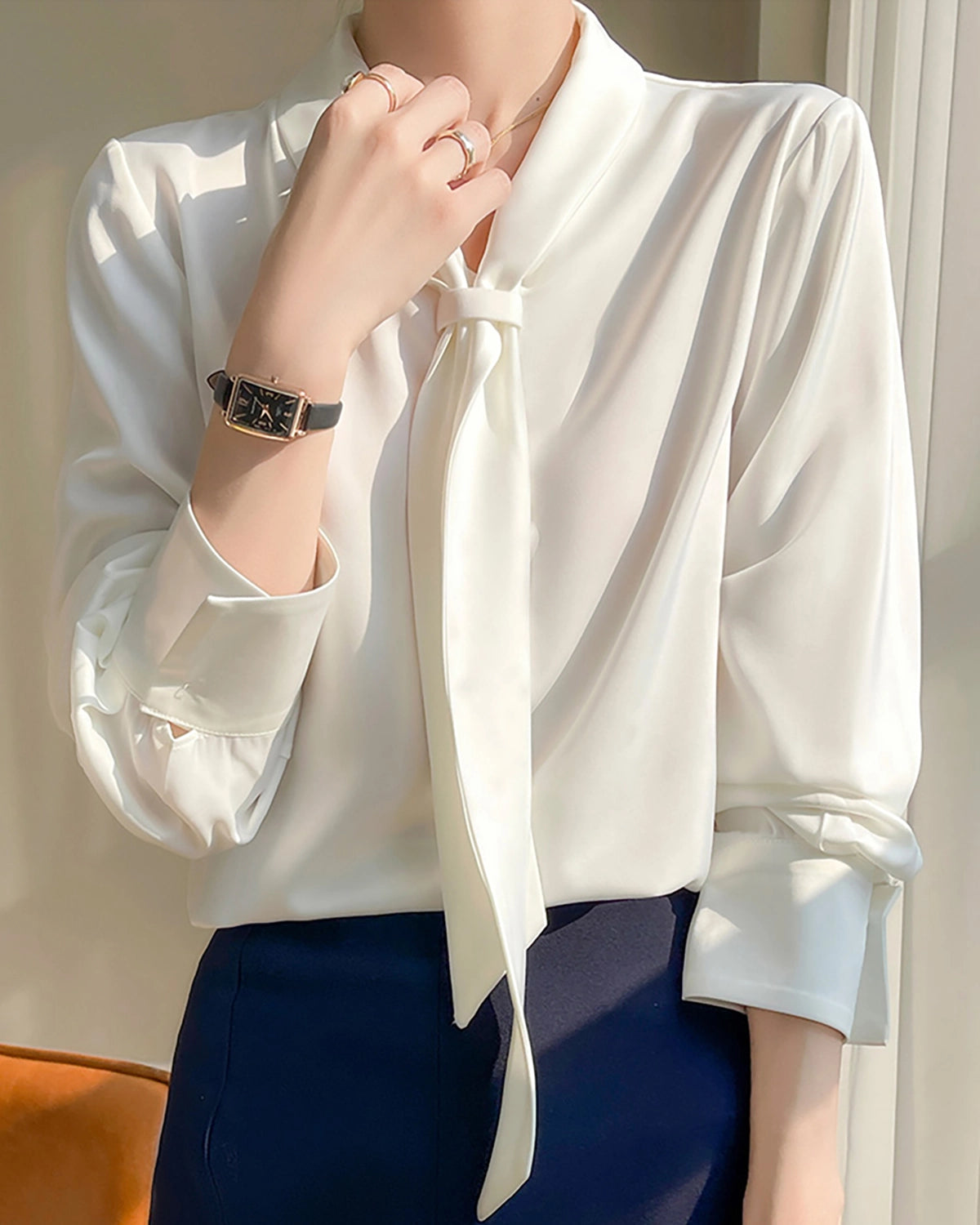 V-neck Tie Front Silk Blouse, White
