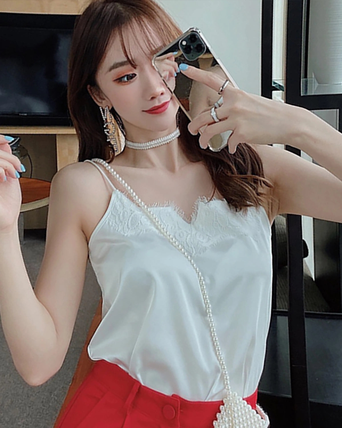 Lace Silk Cami Top, White