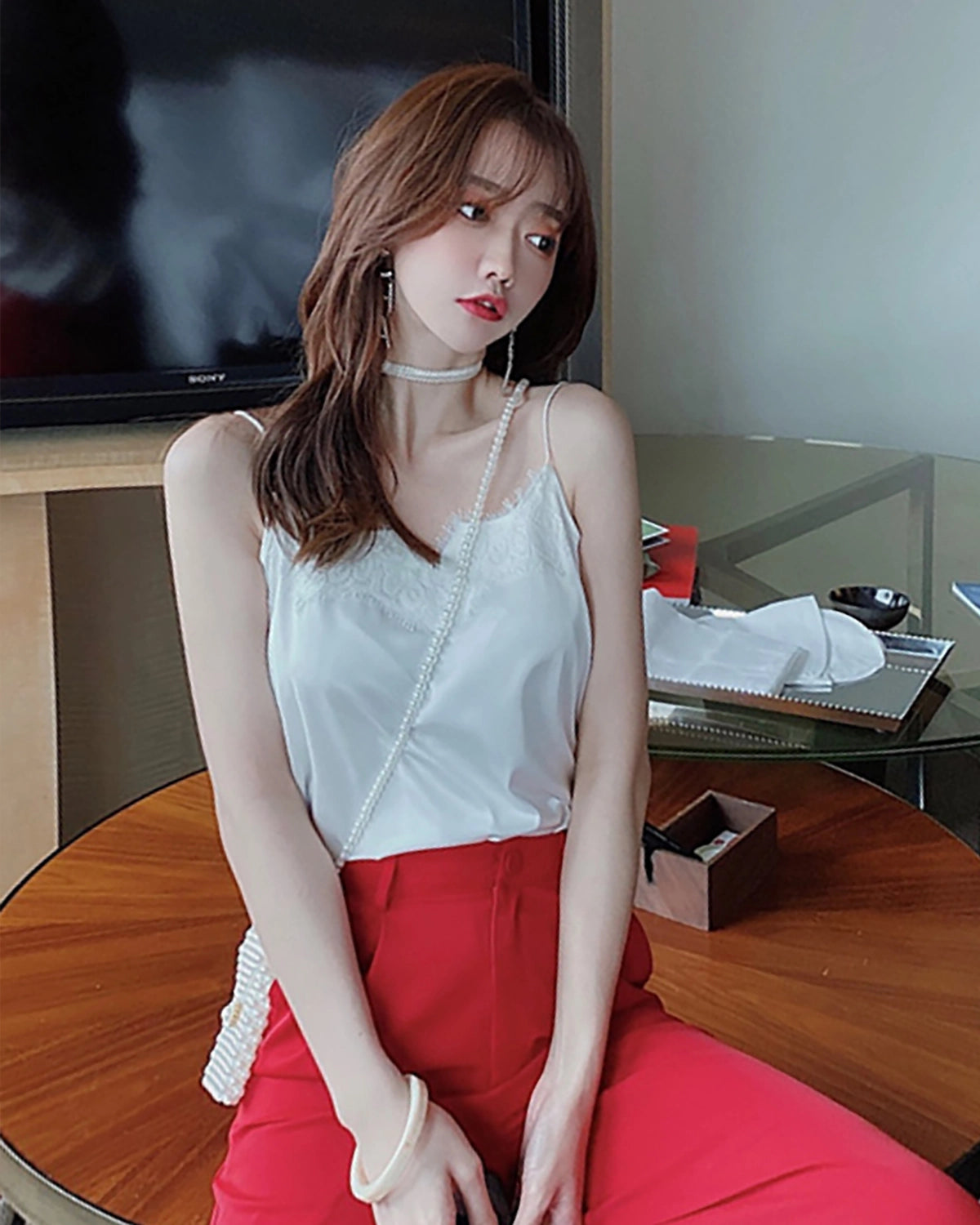 Lace Silk Cami Top, White