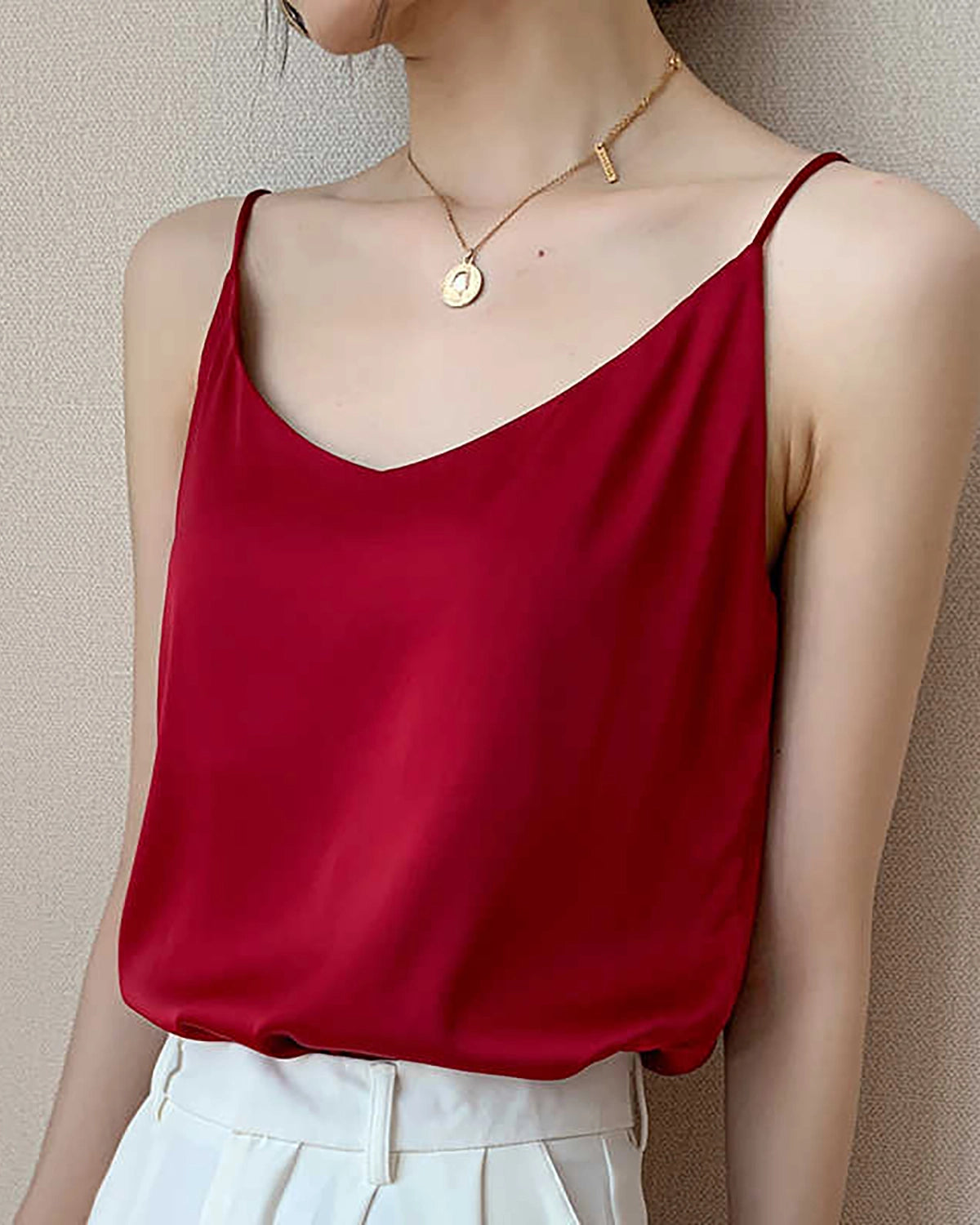 Spaghetti Strap Silk Camisole, Red