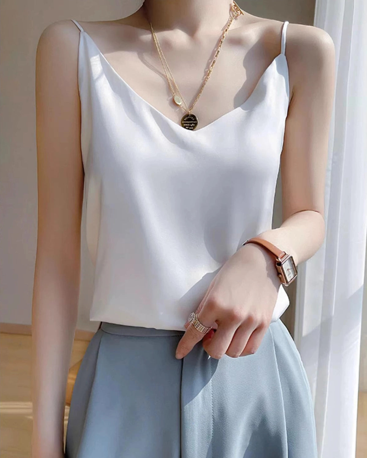 Spaghetti Strap Silk Camisole, White