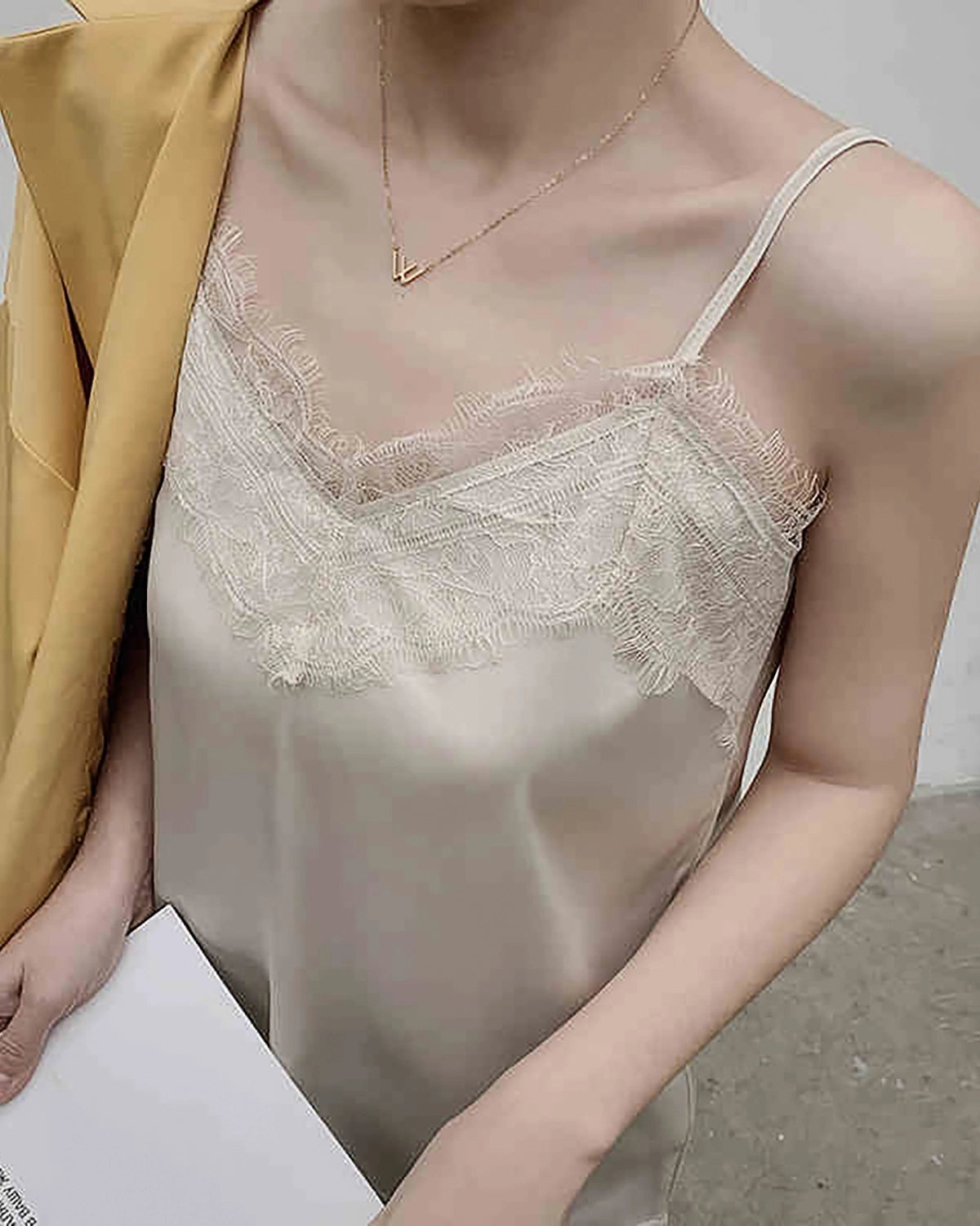 V-Neck Lace Silk Camisole, Champagne