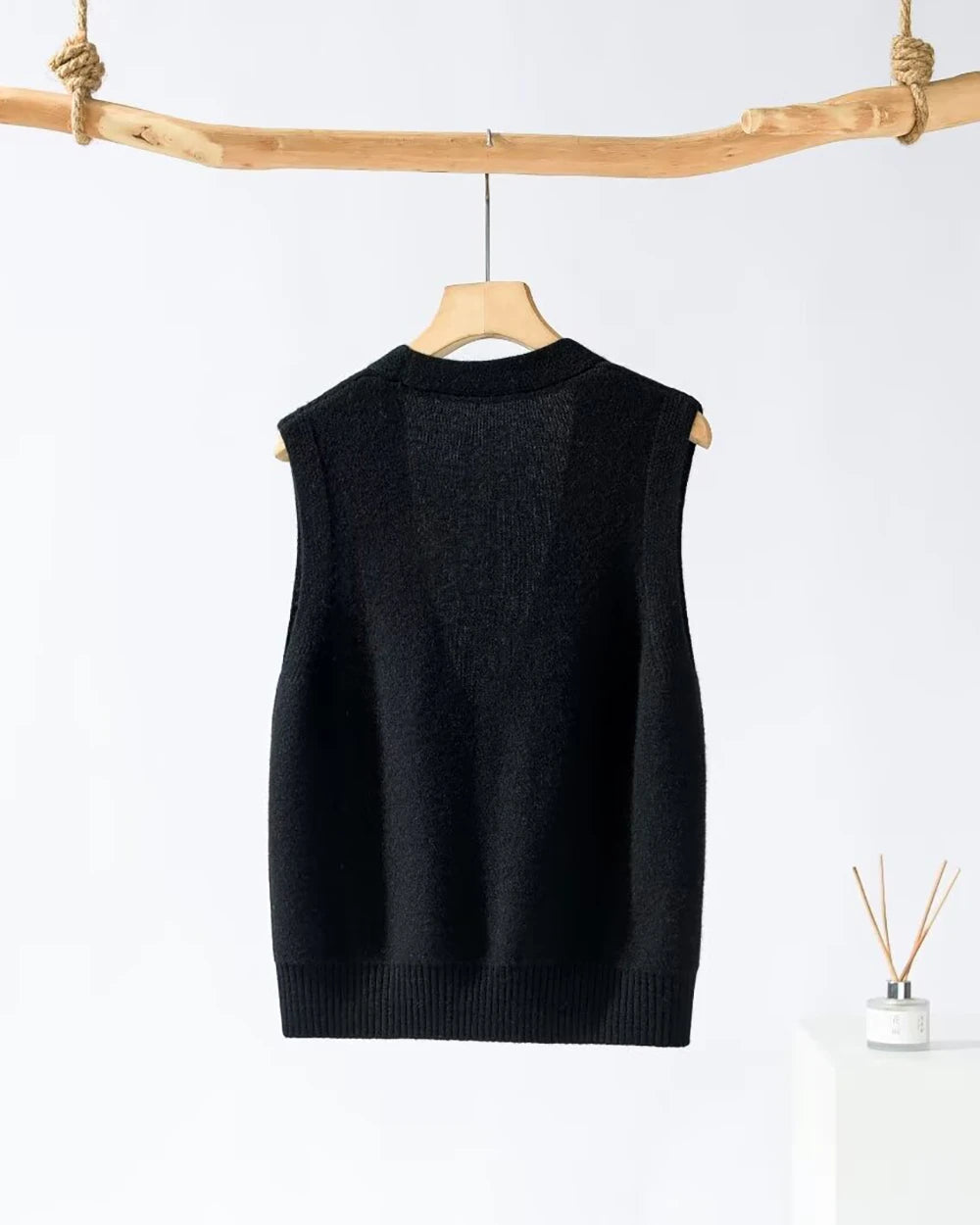 Deep V Neck Cashmere Vest, Black