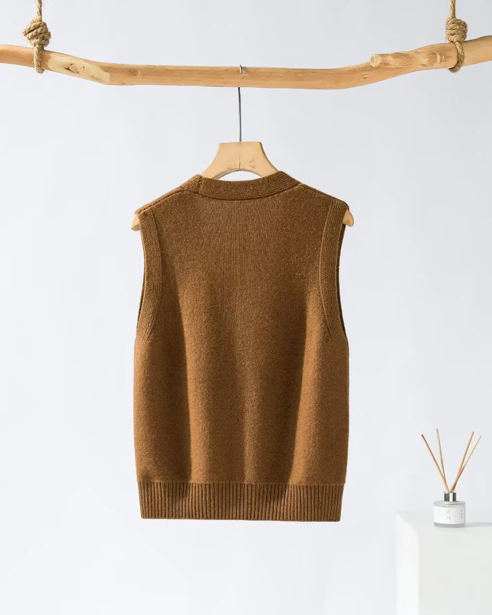 Deep V Neck Cashmere Vest, Brown