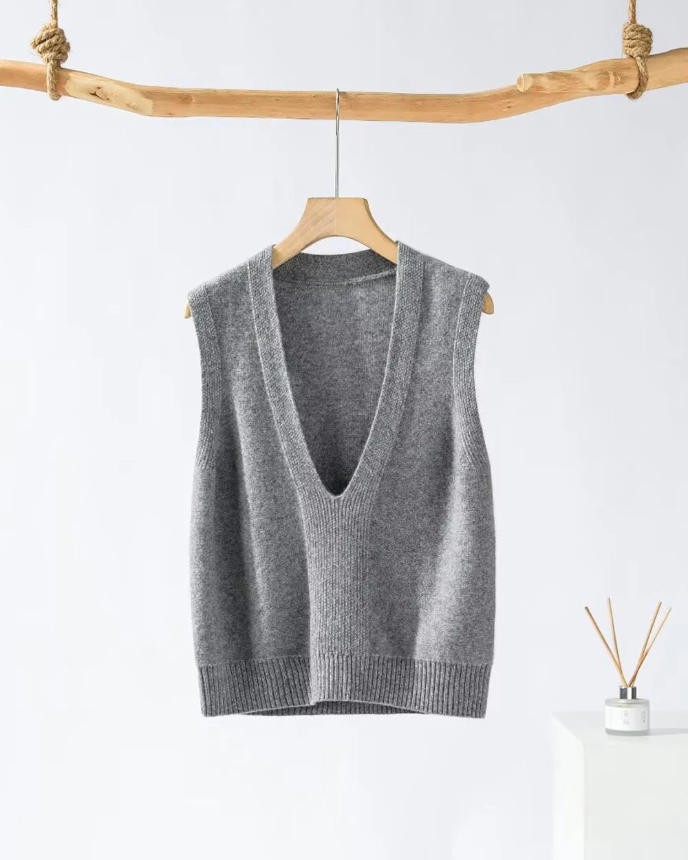 Deep V Neck Cashmere Vest, Grey