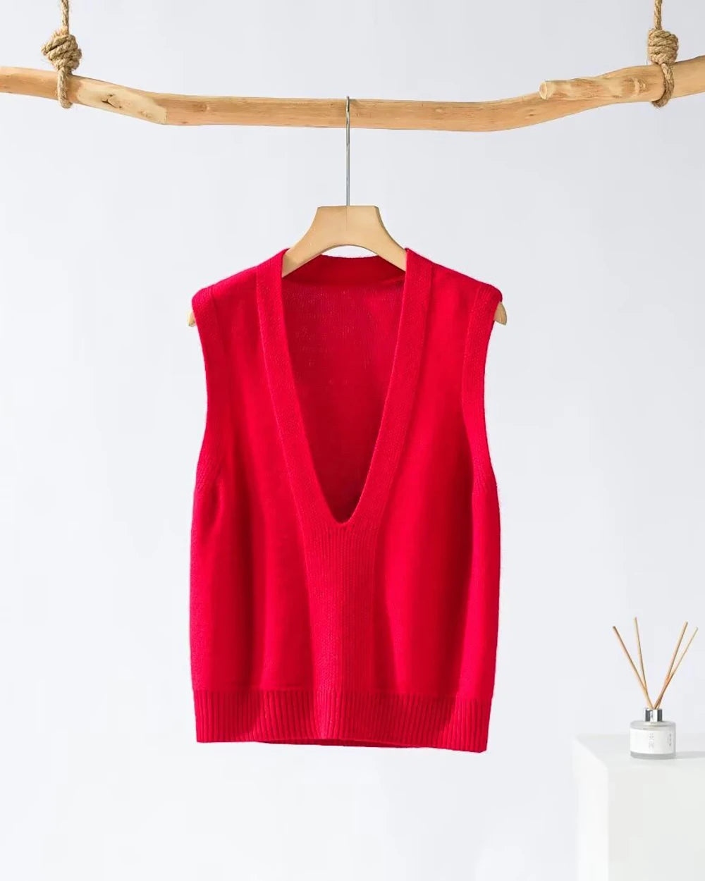 Deep V Neck Cashmere Vest, Red