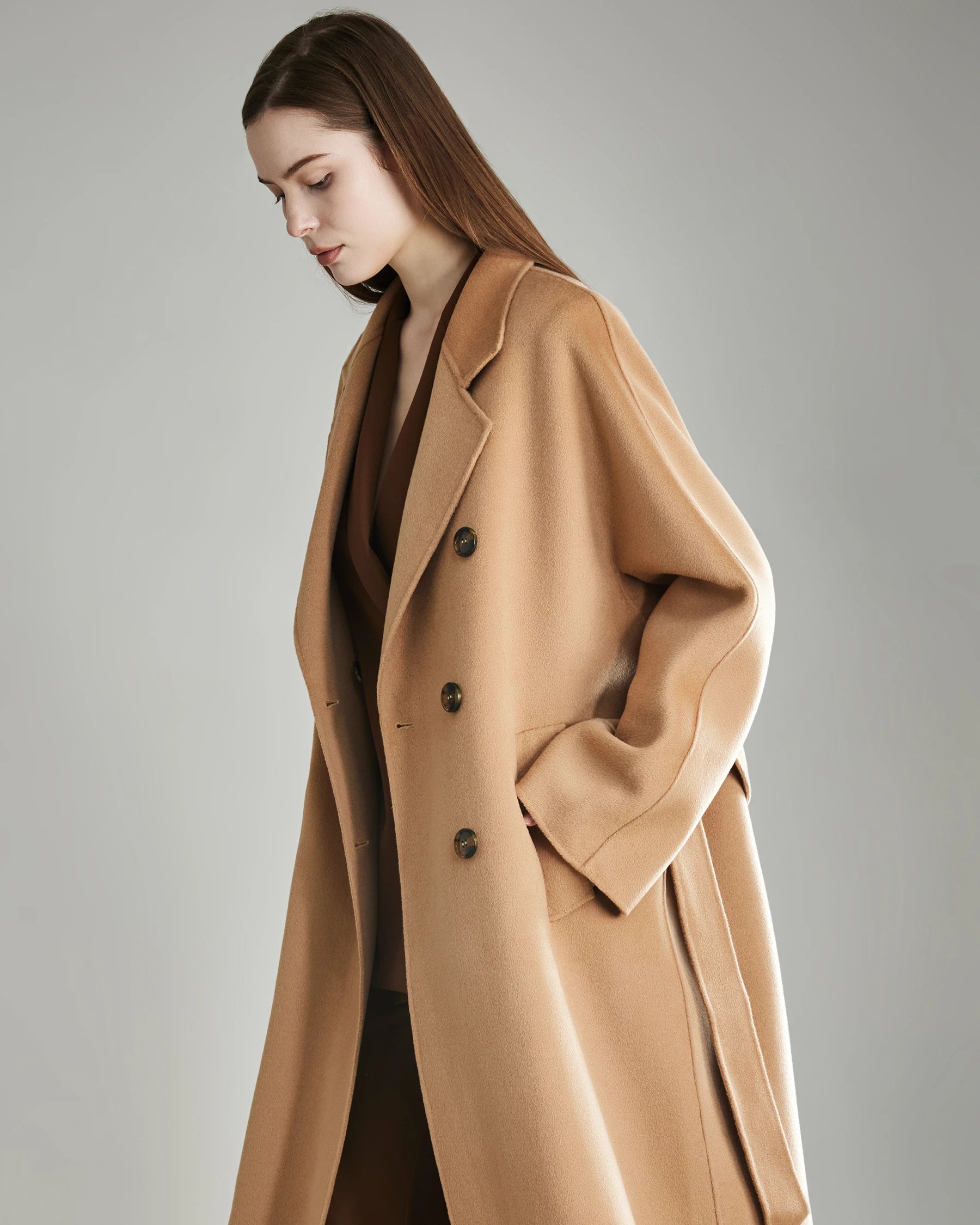 Double-breasted Belted Wool Coat, Camel