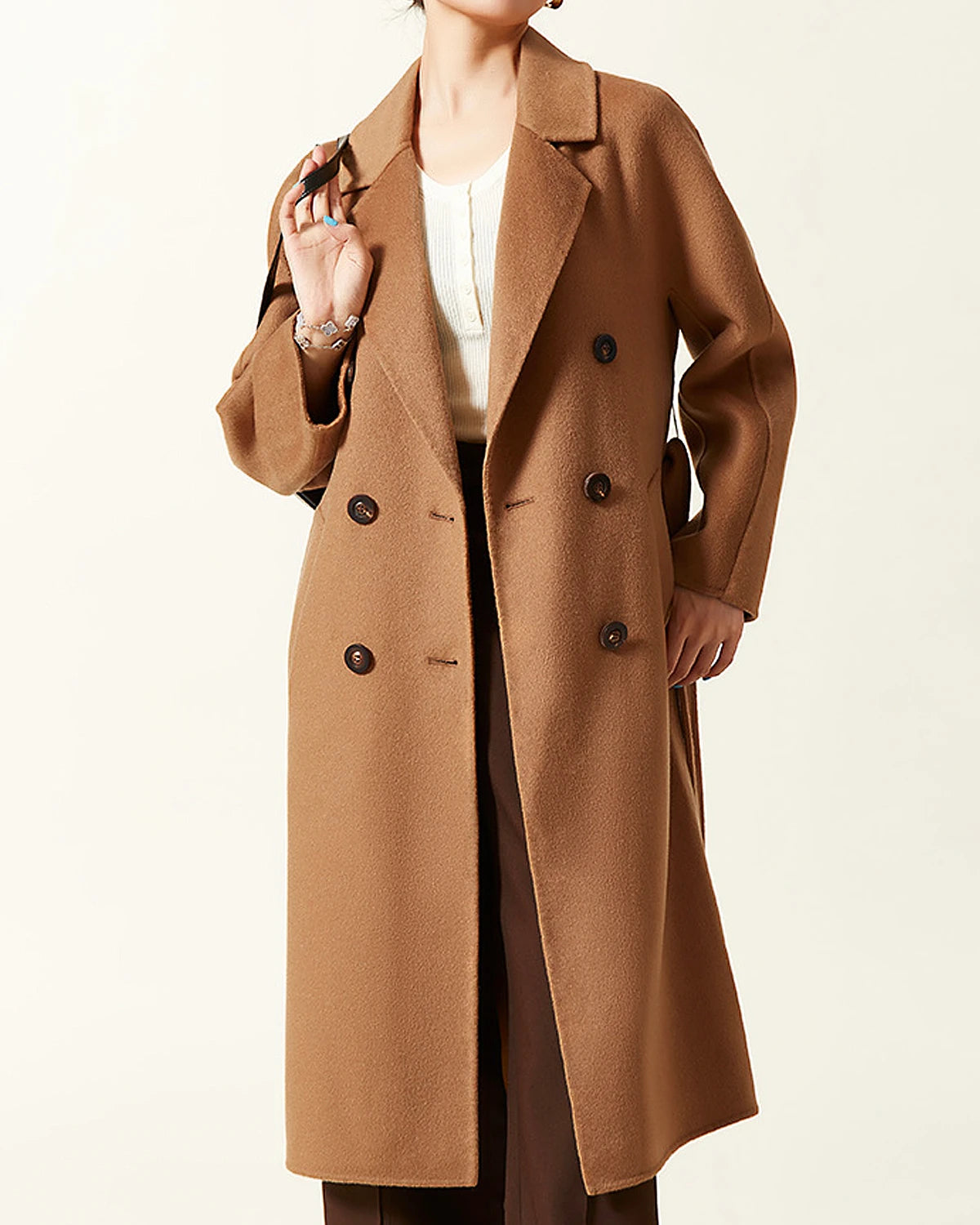 Double-breasted Belted Wool Coat, Caramel