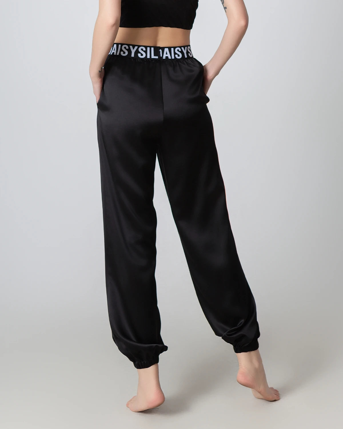 Elastic Waist Loose Ankle Cuffed Silk Pant for Women, Black