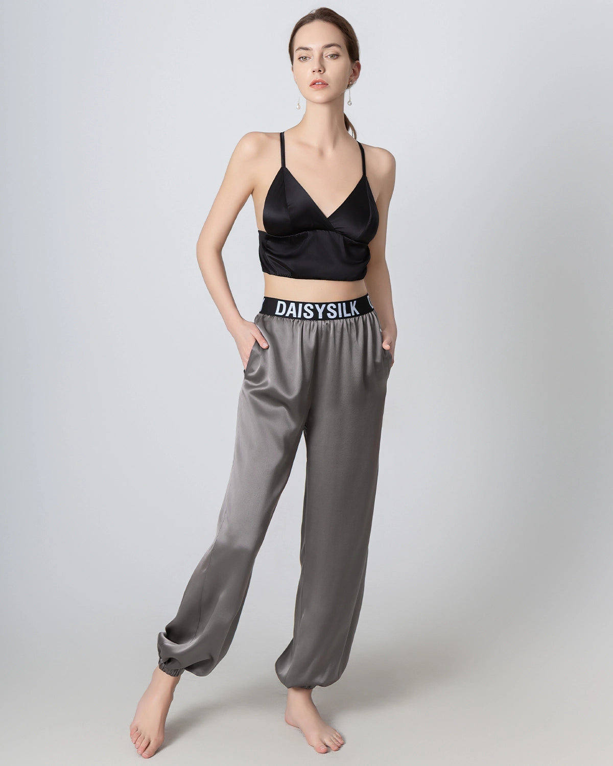 Elastic Waist Loose Ankle Cuffed Silk Pant for Women, Grey