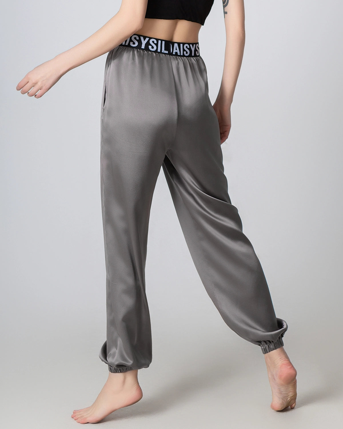 Elastic Waist Loose Ankle Cuffed Silk Pant for Women, Grey